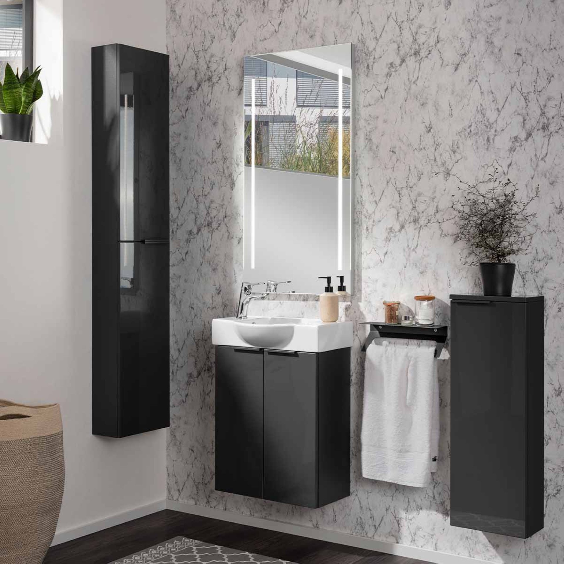 Fackelmann SBC LUNA Gäste WC Set 4-teilig 55 cm, Anthrazit, Keramik links+Spiegel+Hochschrank slim