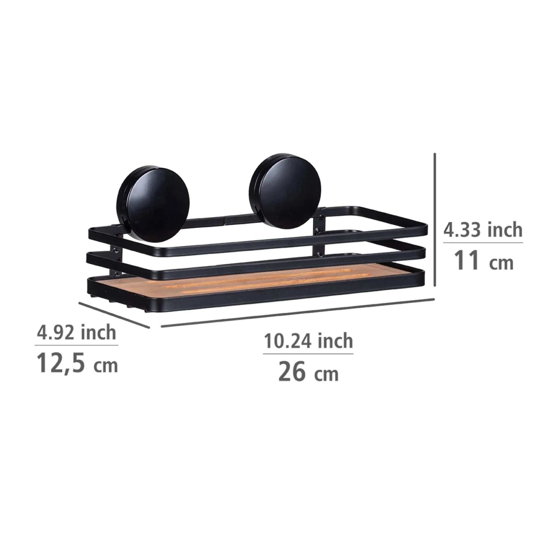 WENKO ALBA Duschablage, Schwarz/Braun, Befestigen ohne Bohren, Edelstahl/Bambus