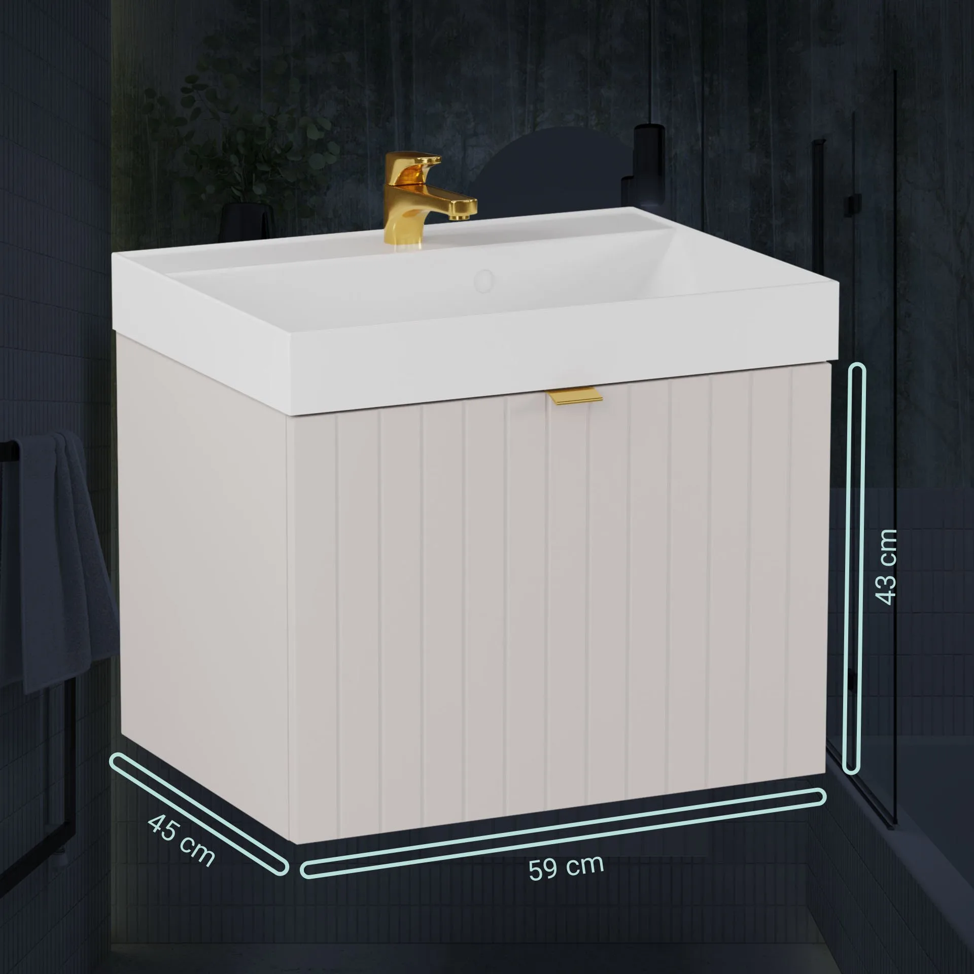 BADEDU ESLA Waschbecken mit Unterschrank 59 cm breit, Grau, Waschbecken Gussmarmor Weiß
