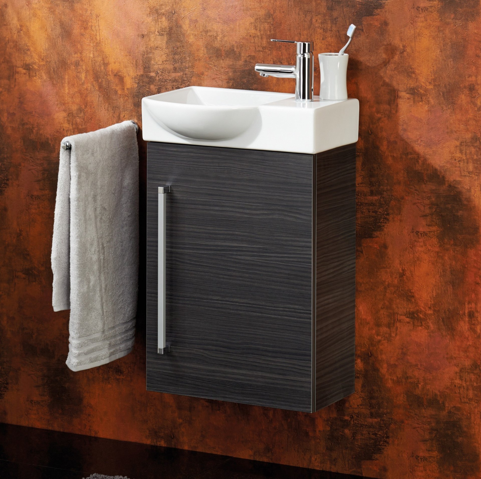 LANZET K3 Gäste WC Waschtisch Set 45 cm breit, Anthrazit Holzoptik, Waschbecken Keramik Weiß, Türanschlag links