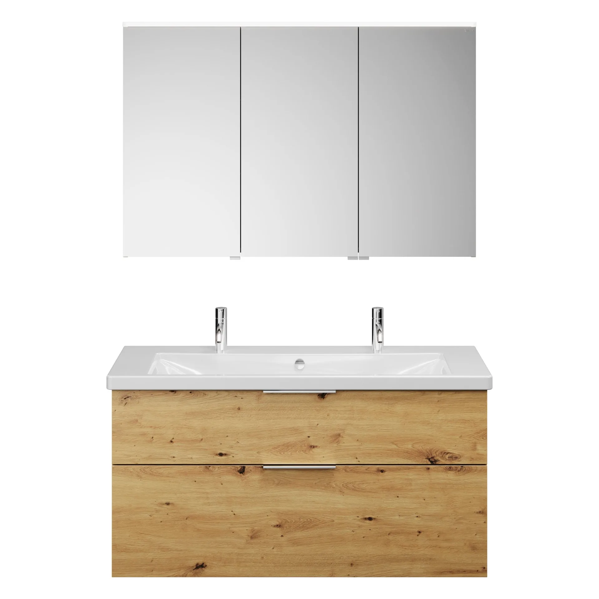 Burgbad EQIO Waschtisch Set mit Spiegelschrank 123 cm breit, Braun, Doppelwaschbecken Keramik Weiß, 3-türig Anschlag links
