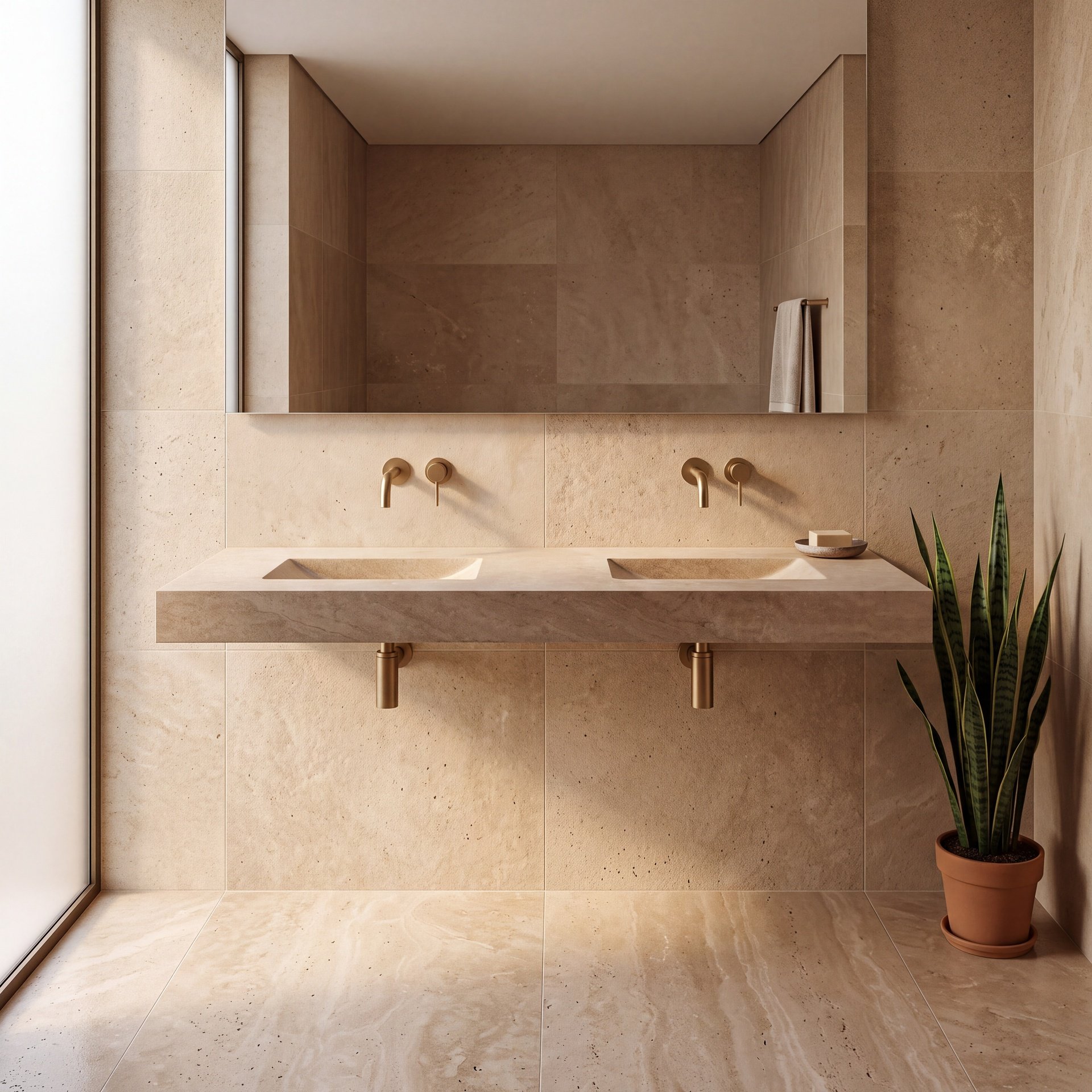 FORZALAQUA NAPOLI II Doppelwaschbecken 160 cm breit, Travertin, Naturstein, ohne Hahnlöcher