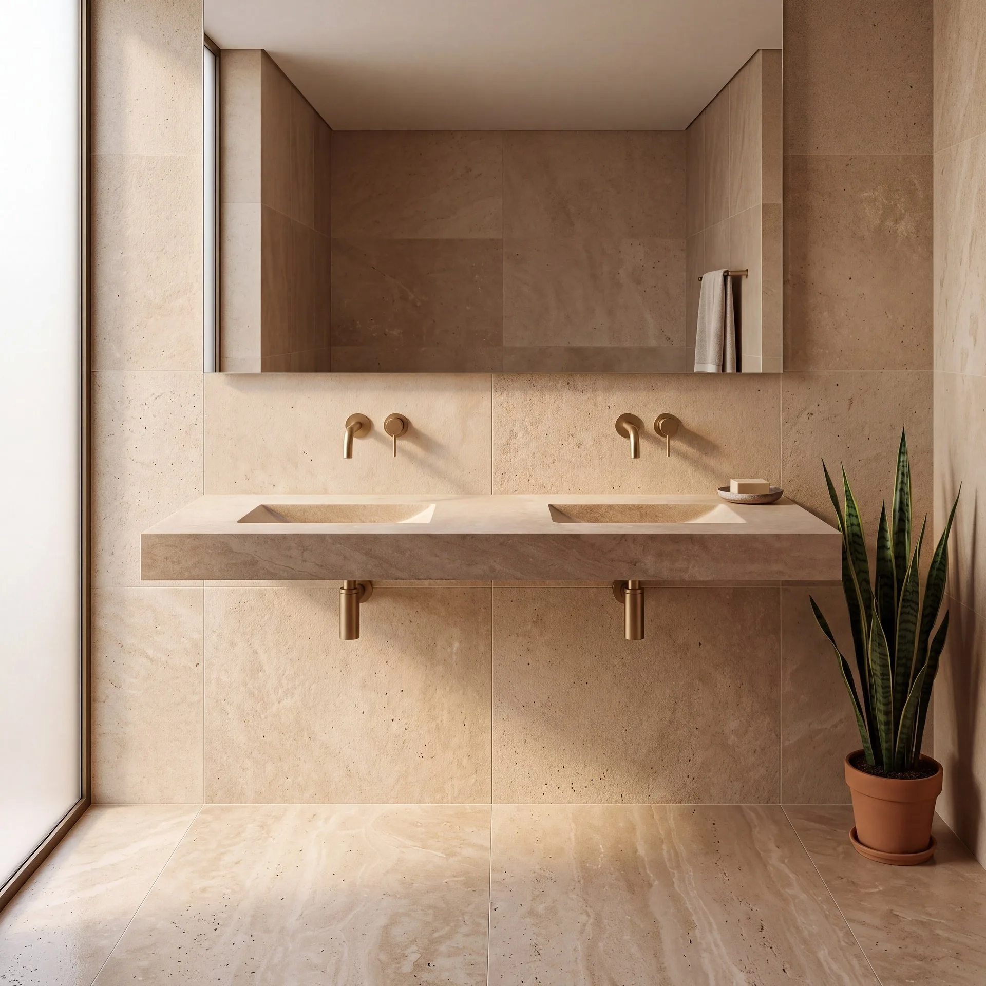FORZALAQUA NAPOLI II Doppelwaschbecken 160 cm breit, Travertin, Naturstein, ohne Hahnlöcher