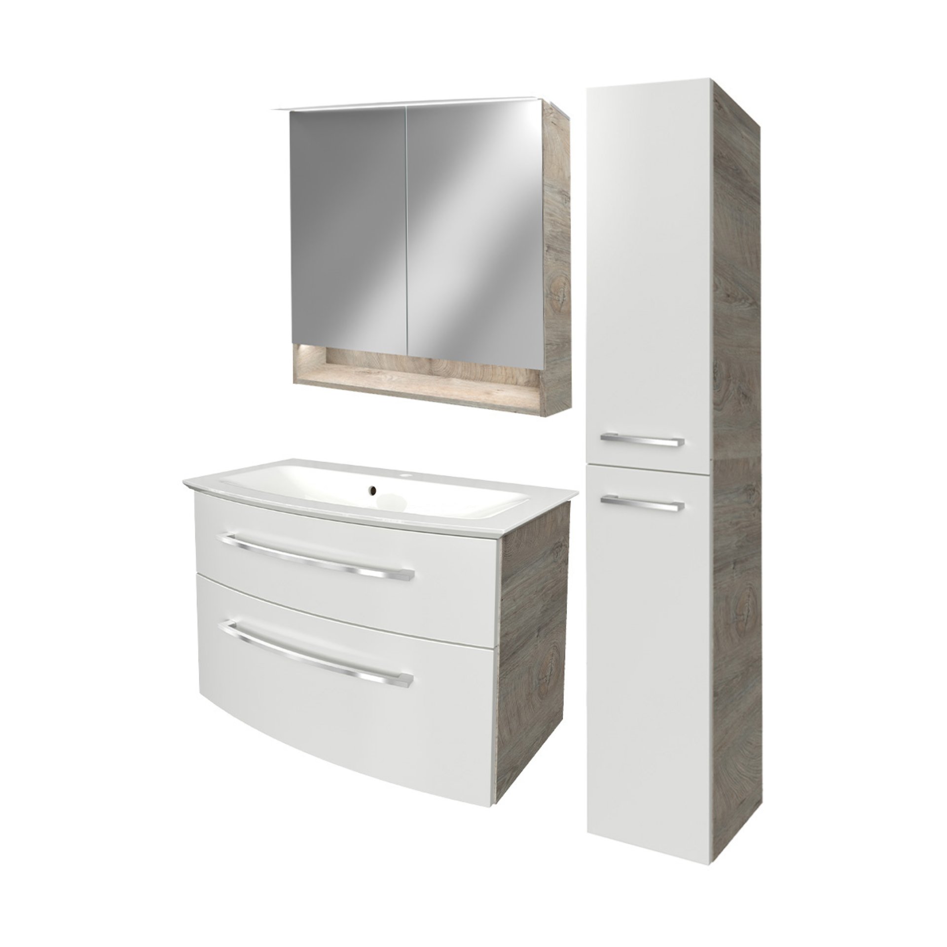 FACKELMANN B.STYLE Badmöbel Set 4-teilig, 83 cm breit, Weiß/Braun + LED-Spiegelschrank + Hochschrank Türanschlag rechts