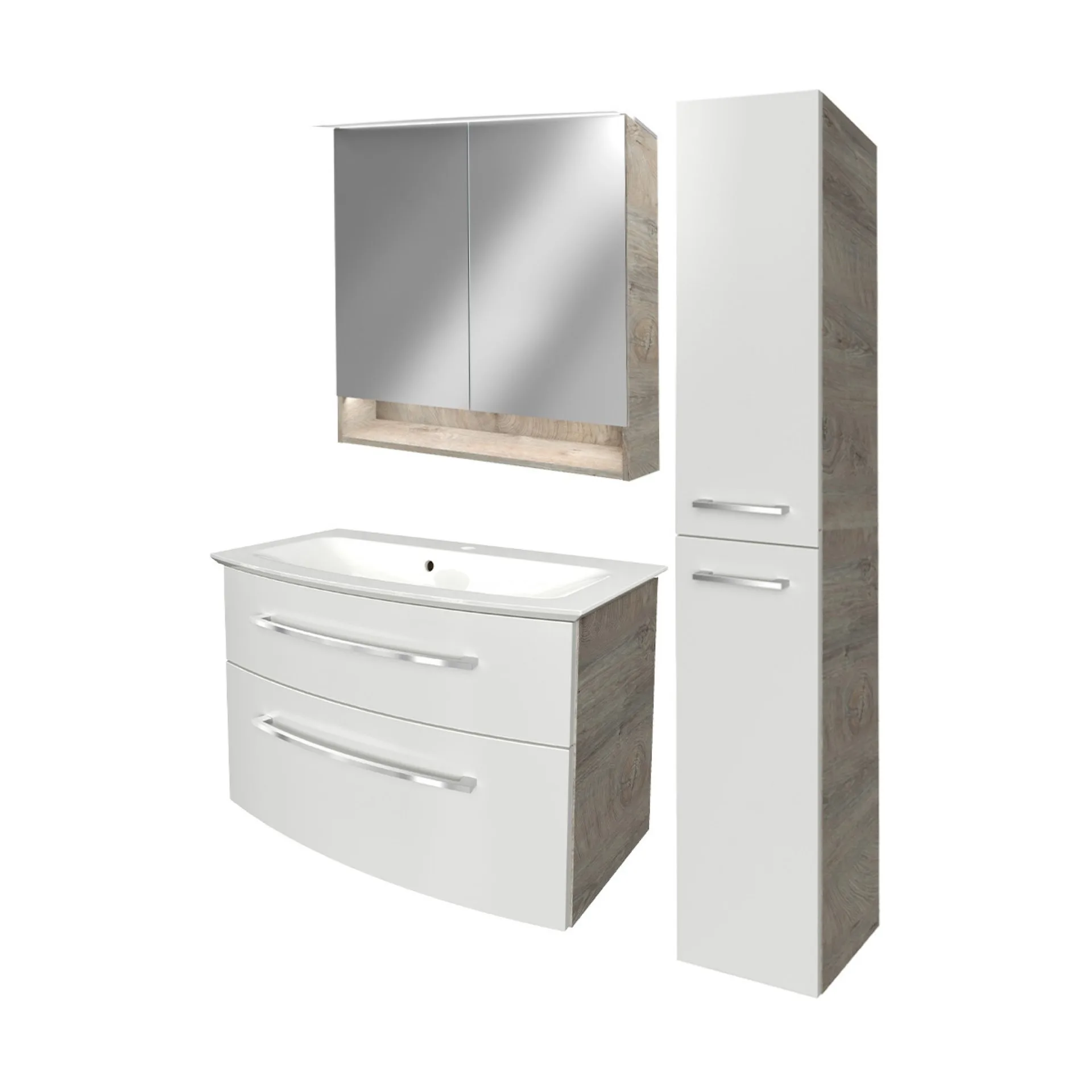 FACKELMANN B.STYLE Badmöbel Set 4-teilig 83 cm breit, Weiß/Braun hell + LED Spiegel Spiegelschrank+ Hochschrank Türanschlag rechts