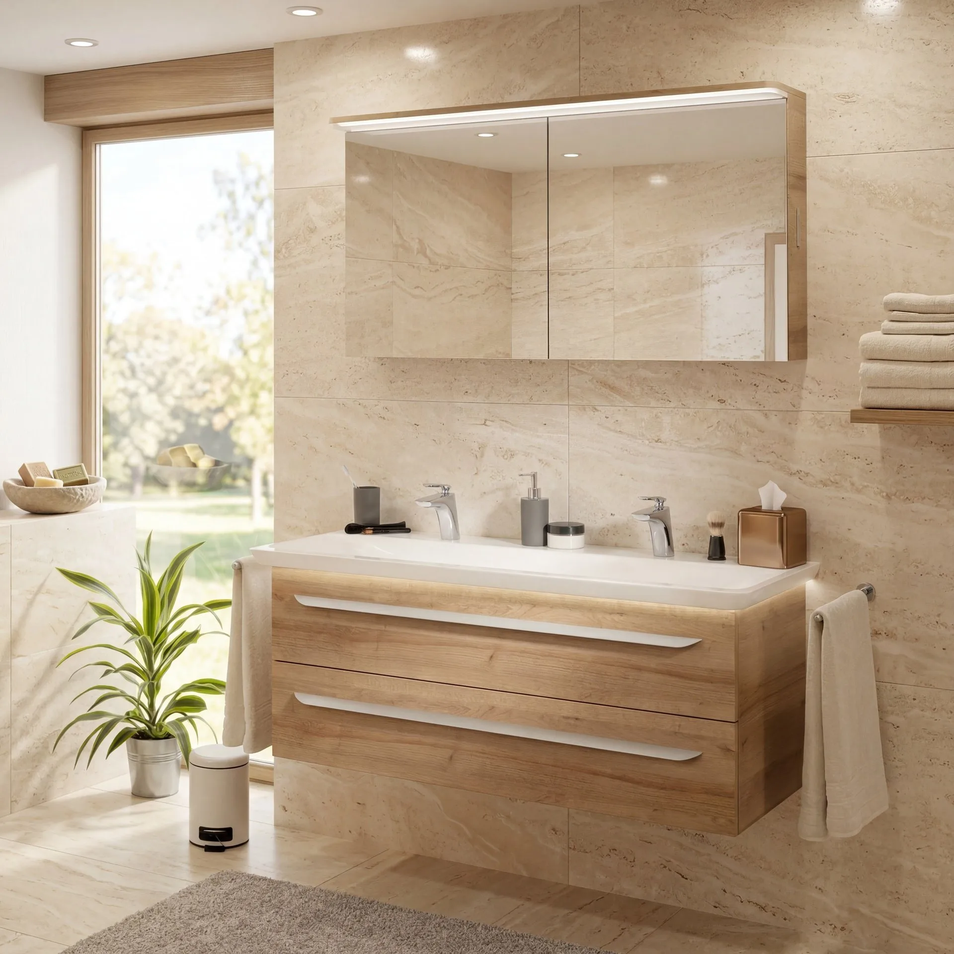 LANZET M9 Waschtisch Set mit Spiegelschrank 130 cm breit, Braun hell, Doppelwaschbecken Gussmarmor Weiß + Waschbeckenbeleuchtung