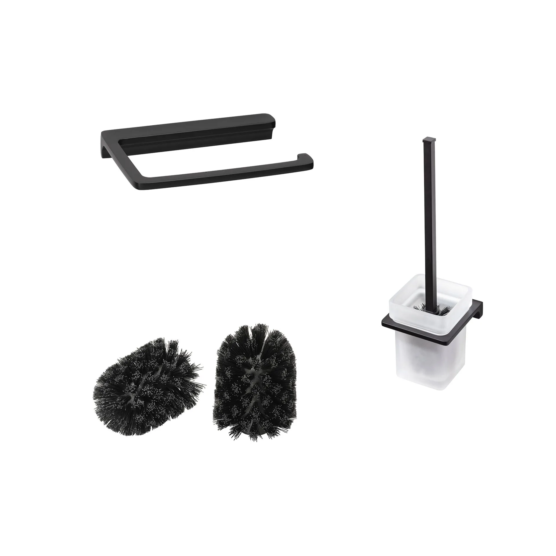 BADEDU SIRIUS Accessoire Set 3-teilig, Schwarz matt, Toilettenpapierhalter, Toilettenbürste mit Halter, 2x Ersatzbürstenköpfe