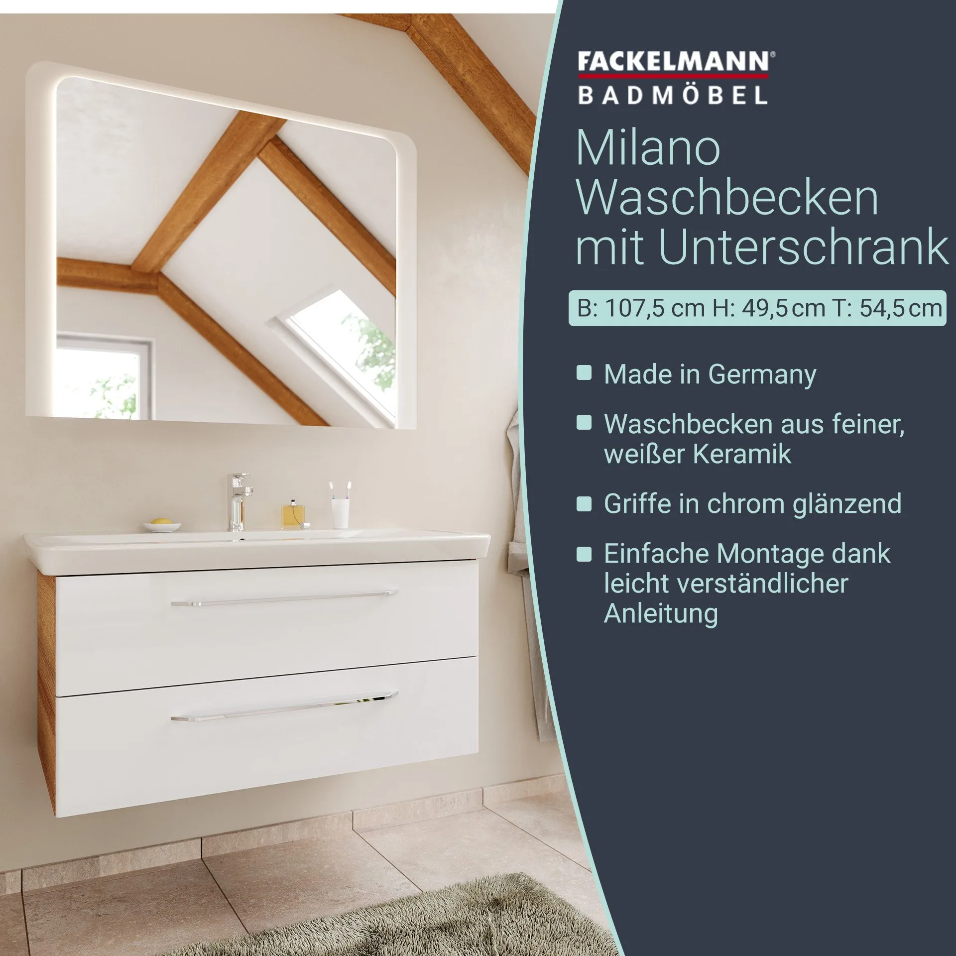 FACKELMANN MILANO Waschbecken mit Unterschrank 107 cm breit, Weiß/Braun hell, Waschbecken Keramik Weiß