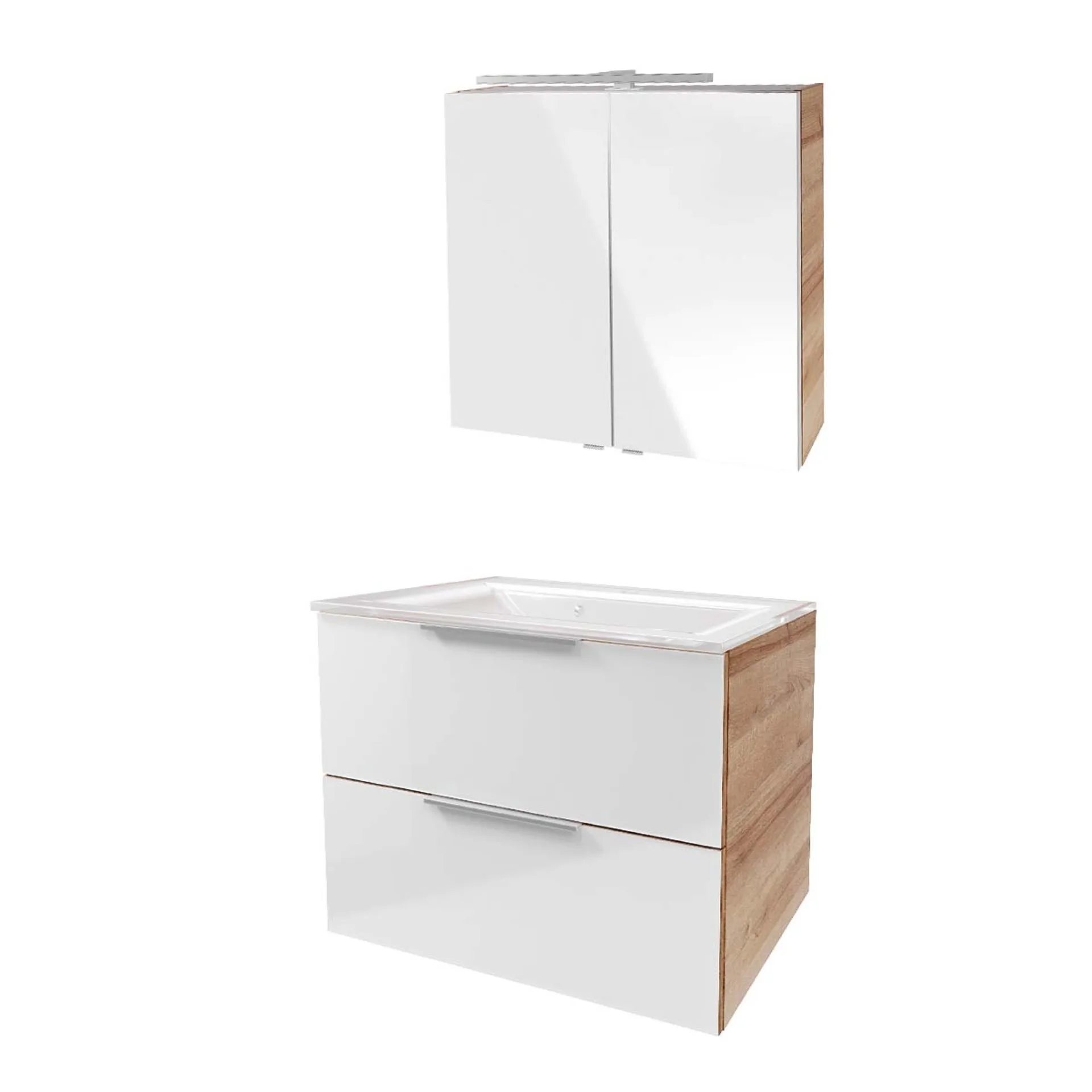 FACKELMANN B.BRILLLANT Waschtisch Set mit Spiegelschrank 80 cm breit, Weiß Glas/Braun hell, Waschbecken Glas Weiß