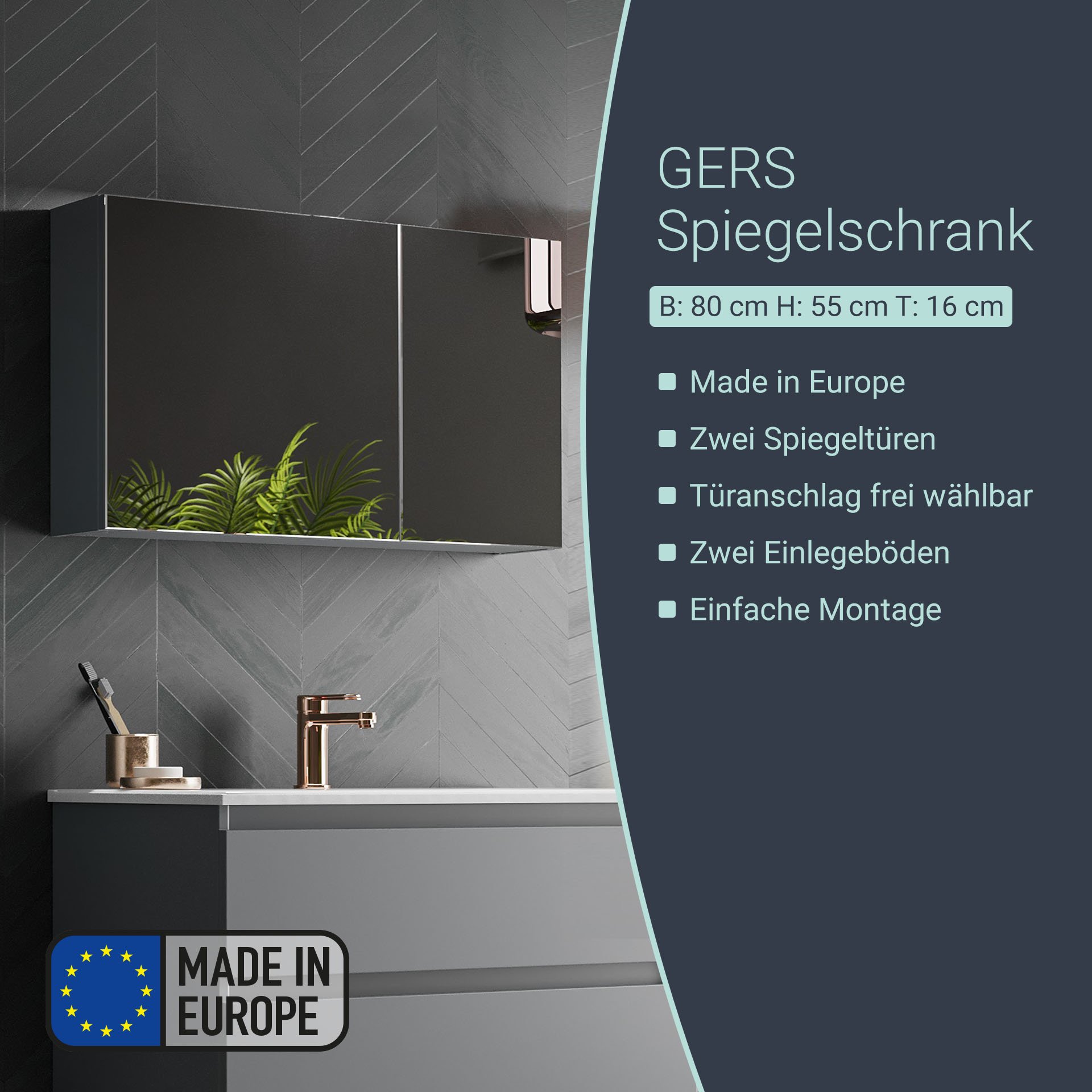 BADEDU GERS Spiegelschrank 80 cm breit, Grau