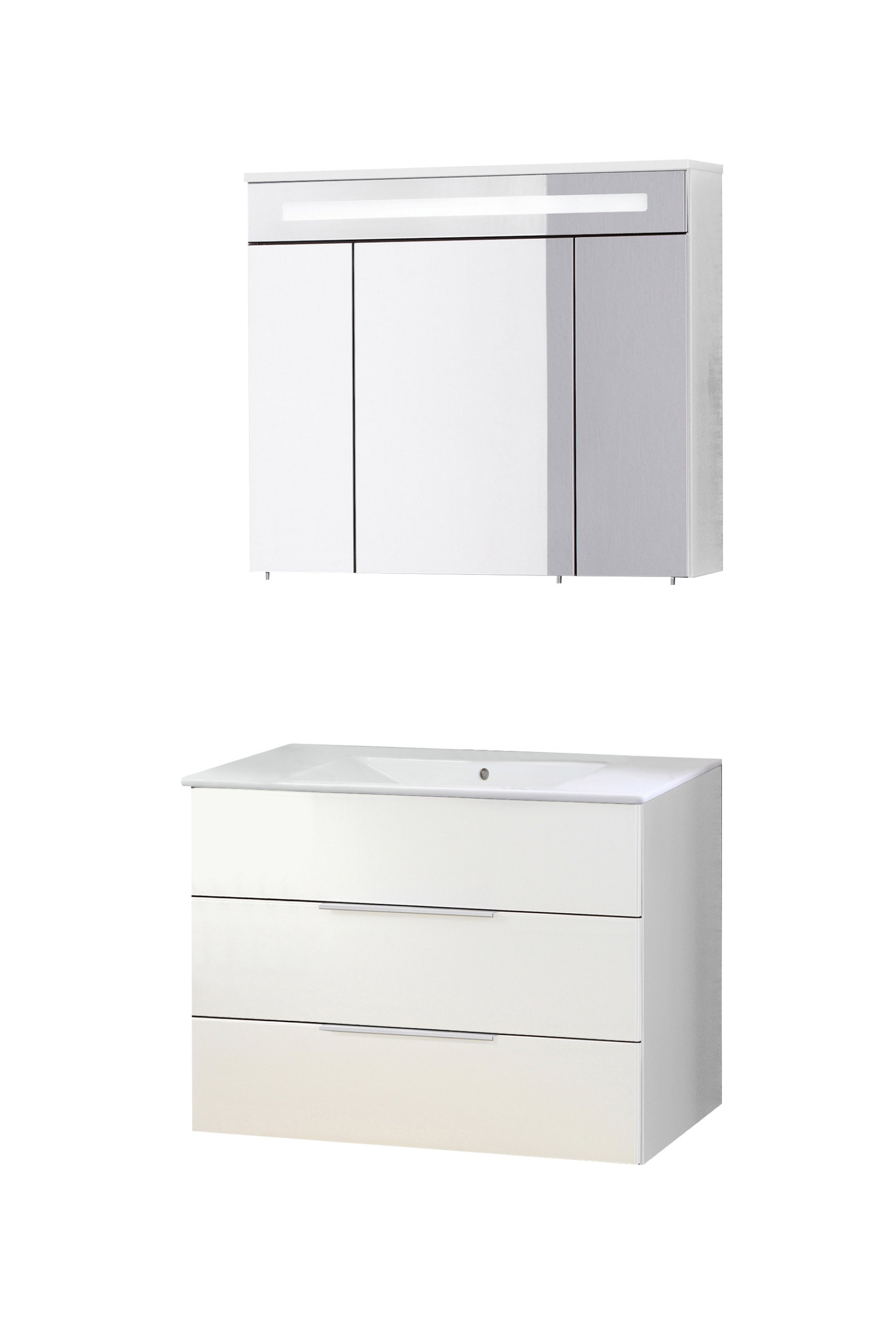 FACKELMANN KARA Waschtisch Set mit Spiegelschrank 80 cm breit, Weiß, Waschbecken Keramik Weiß, 2 Schubladen