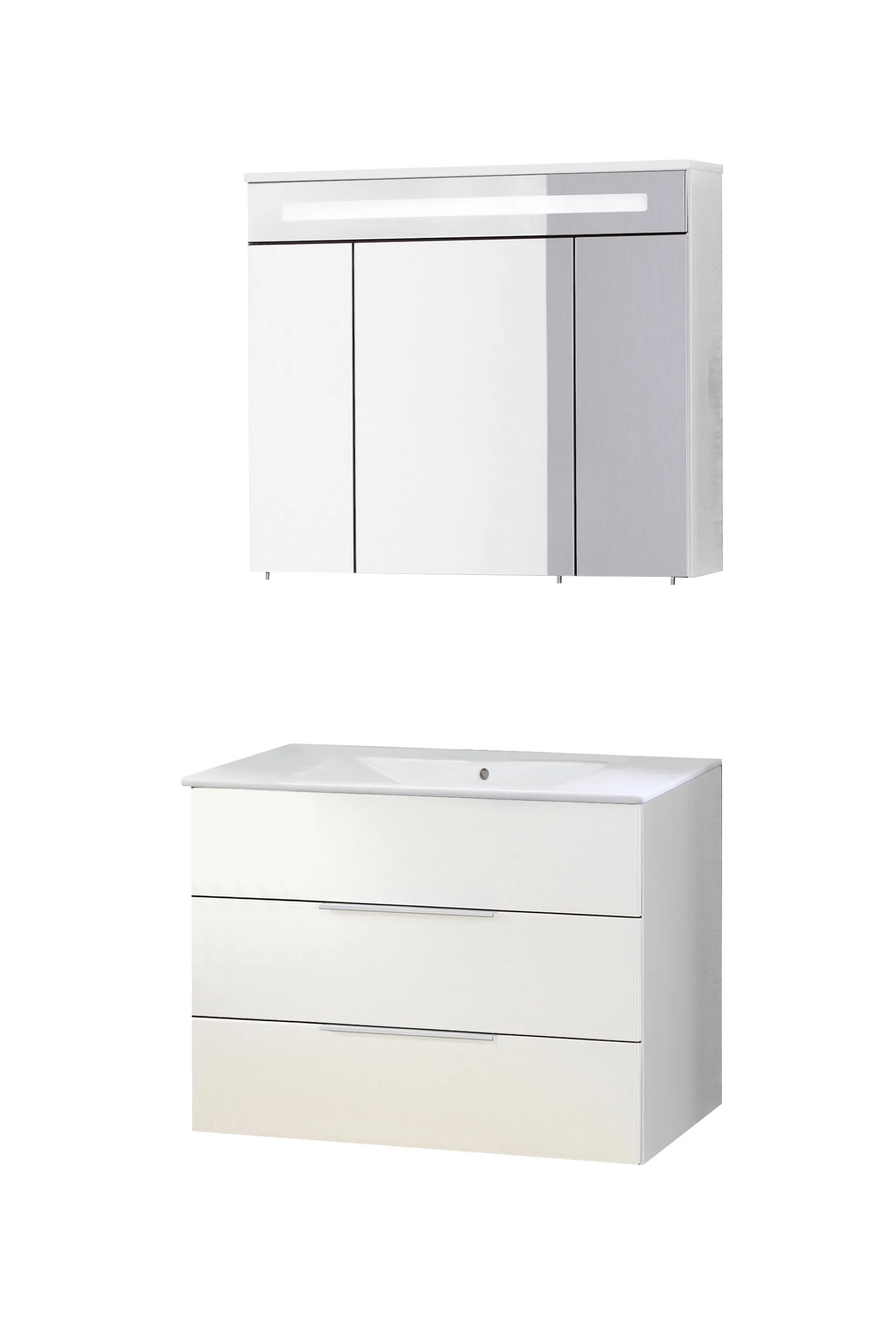 FACKELMANN KARA Waschtisch Set mit Spiegelschrank 80 cm breit, Weiß, Waschbecken Keramik Weiß, 2 Schubladen