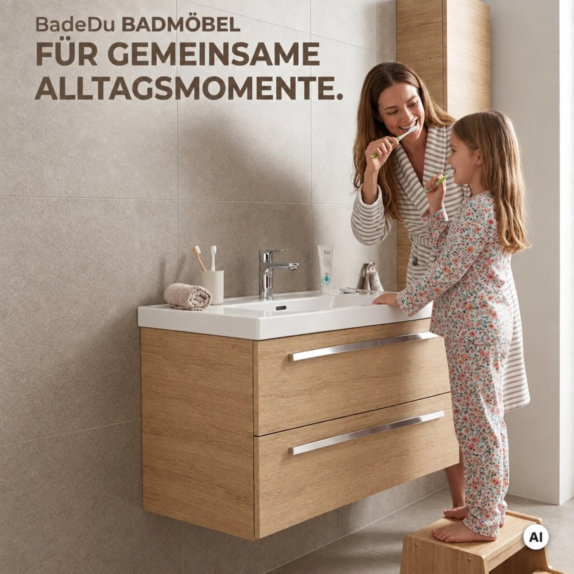 BADEDU TESSANO Waschbecken mit Unterschrank 90 cm breit, Braun hell, Waschbecken Keramik Weiß