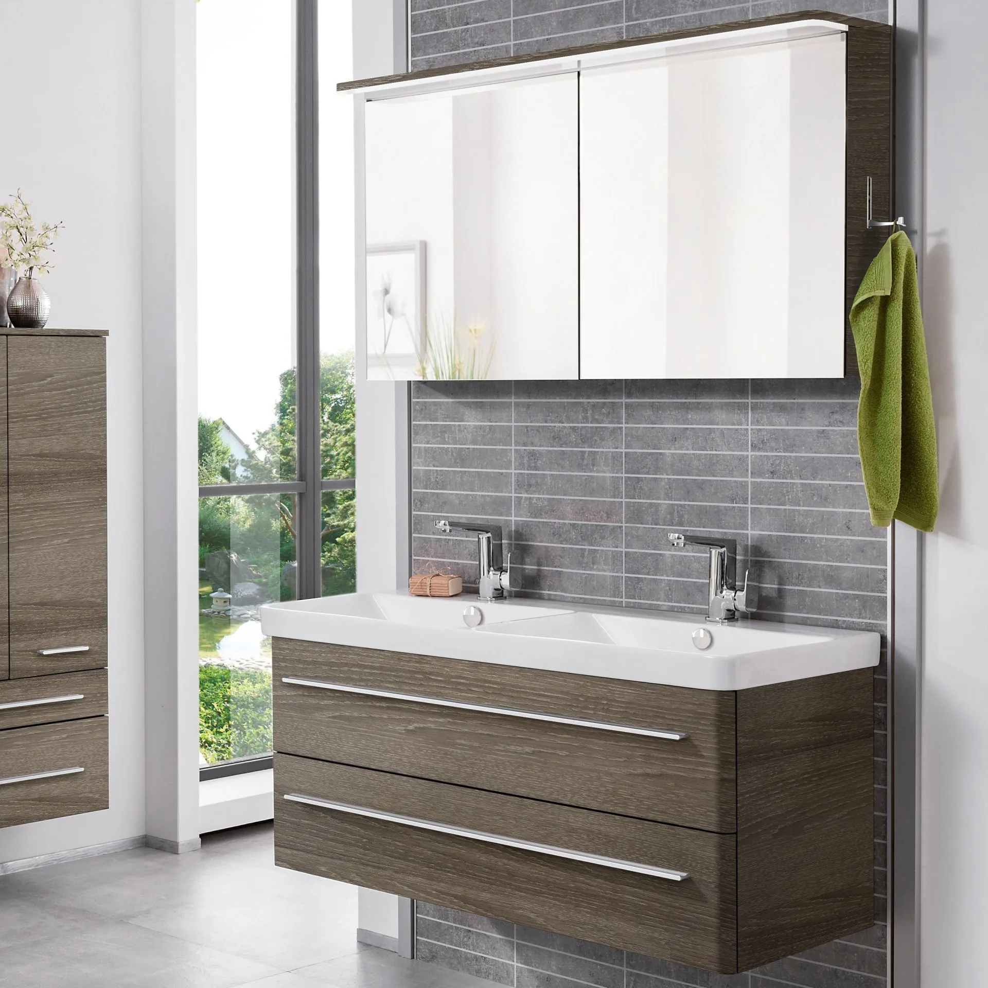 LANZET K8 Waschtisch Set mit Spiegelschrank 120 cm breit, Braun dunkel, Doppelwaschbecken Keramik Weiß