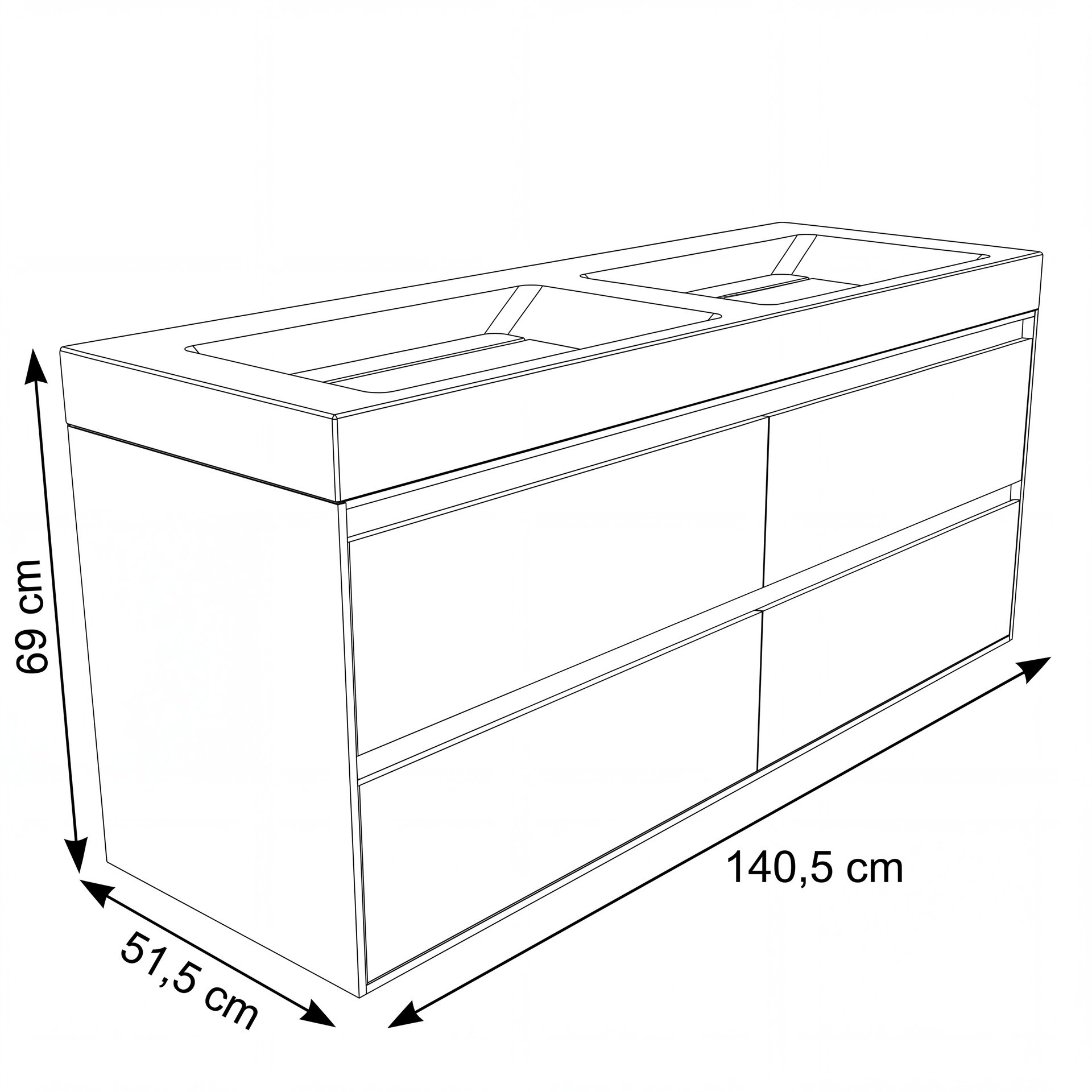 FORZALAQUA IBIZA BELLEZZA Waschbecken mit Unterschrank 140 cm breit, Braun hell, Doppelwaschbecken Naturstein Travertin matt mit zwei Hahnlöchern, 4 Schubladen