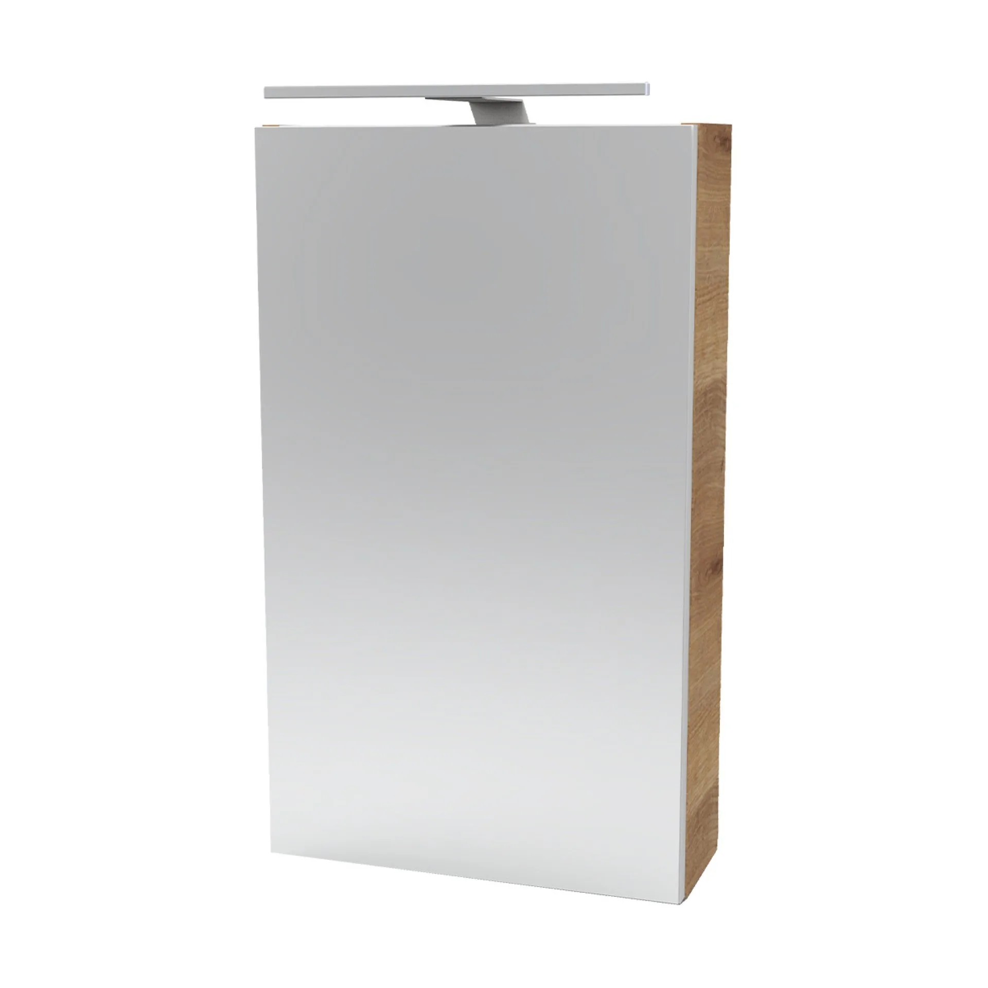 FACKELMANN SBC MILANO Gäste WC Spiegelschrank 40 cm breit, Braun hell, Türanschlag rechts + Aufsatzleuchte