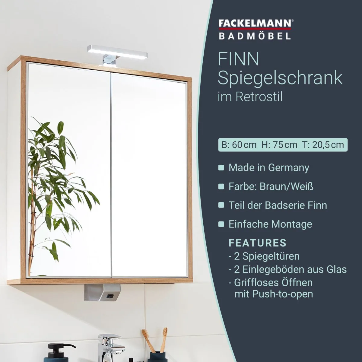 FACKELMANN FINN Spiegelschrank 60 cm breit, Weiß/Braun hell