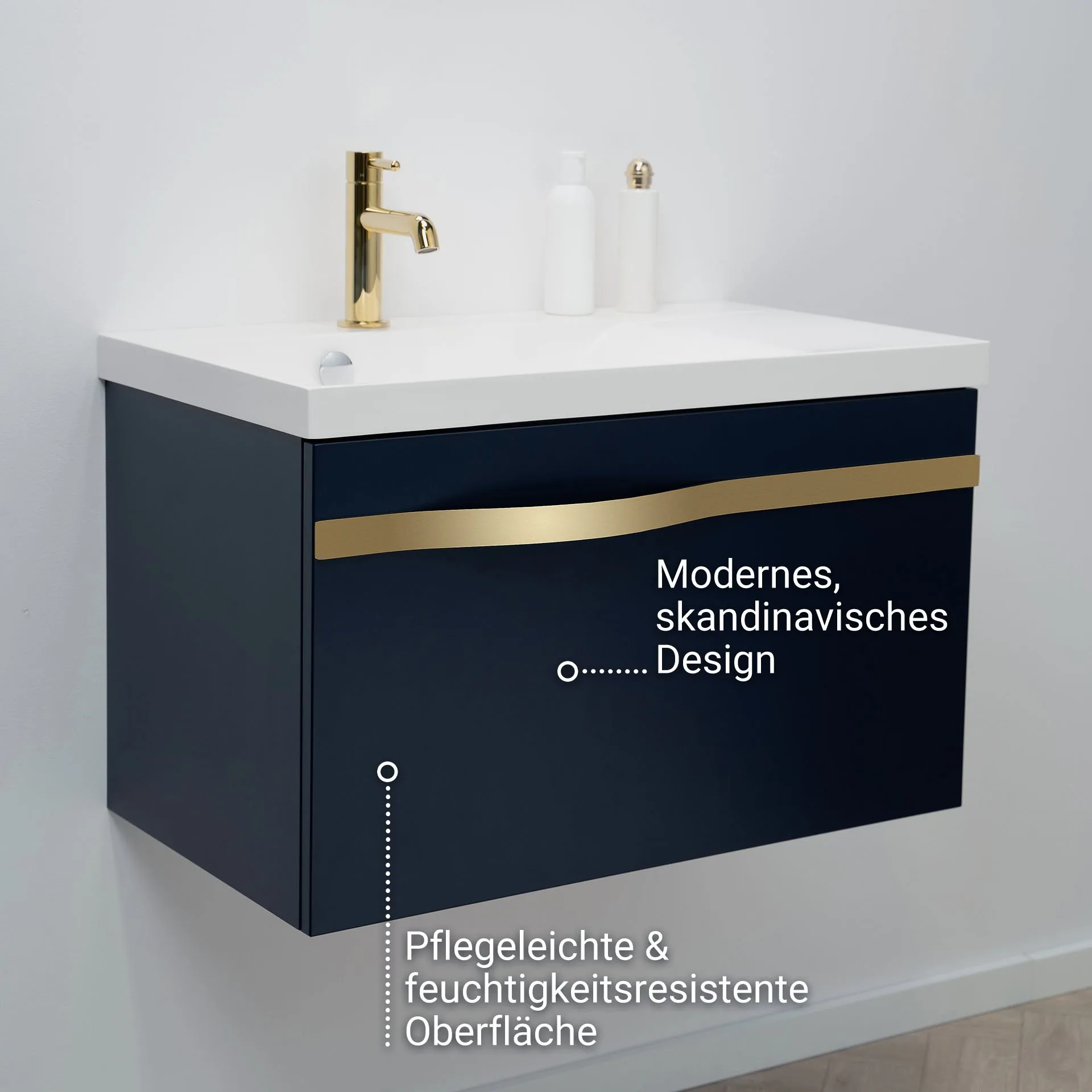 BADEDU FILS Waschbecken mit Unterschrank 69 cm breit, Blau, Waschbecken Gussmarmor Weiß, Griff Gold