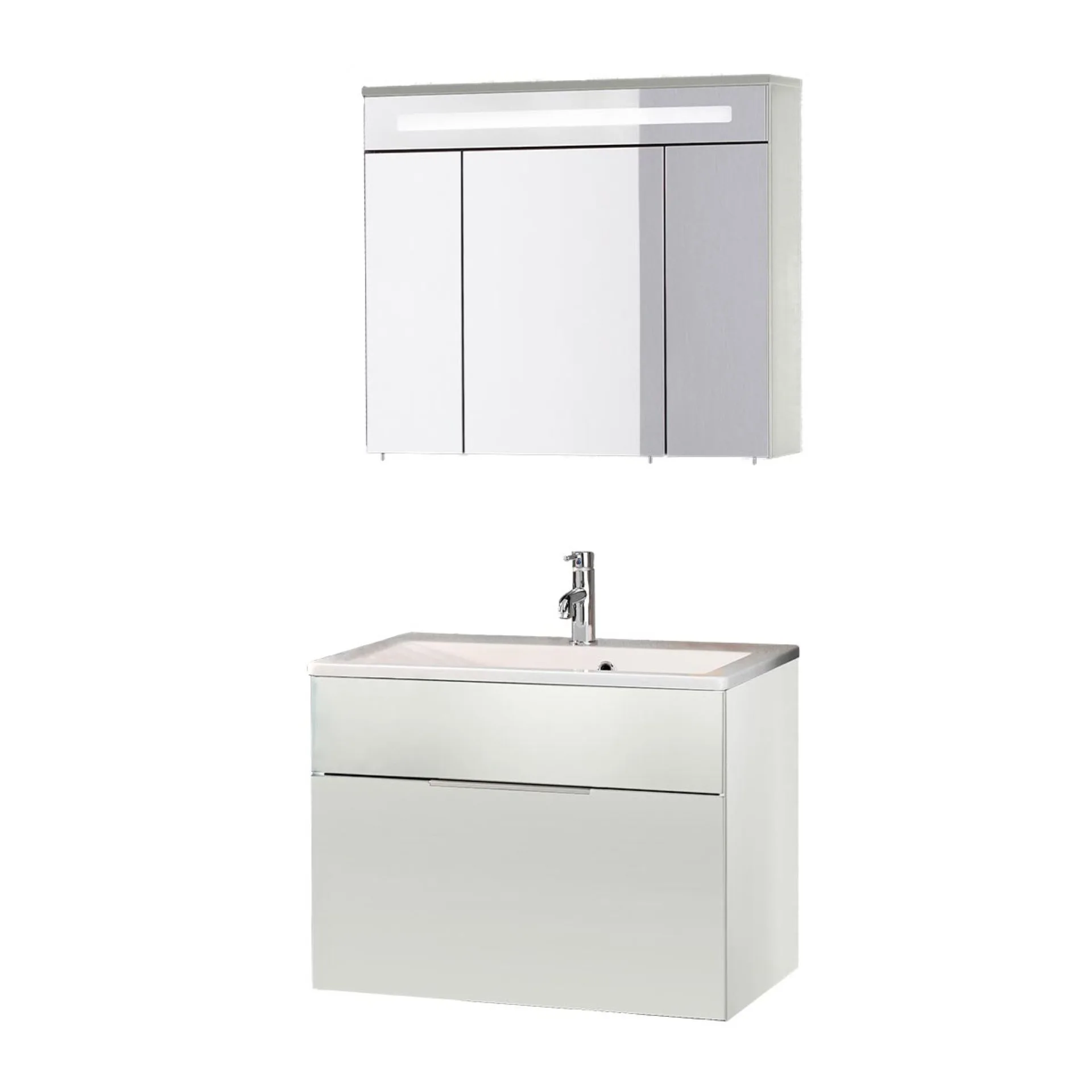 FACKELMANN KARA Waschtisch Set mit Spiegelschrank 80 cm breit, Weiß, Waschbecken Gussmarmor Weiß, 1 Schublade