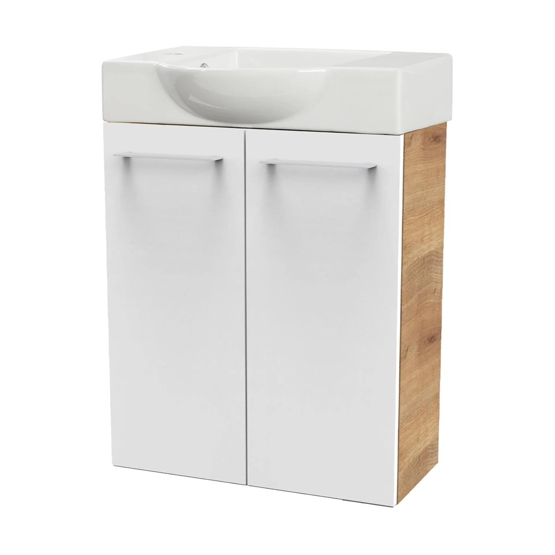 FACKELMANN SBC MILANO Gäste WC Waschtisch Set 55 cm breit, Weiß/Braun hell, Waschbecken Keramik Weiß, Hahnloch links