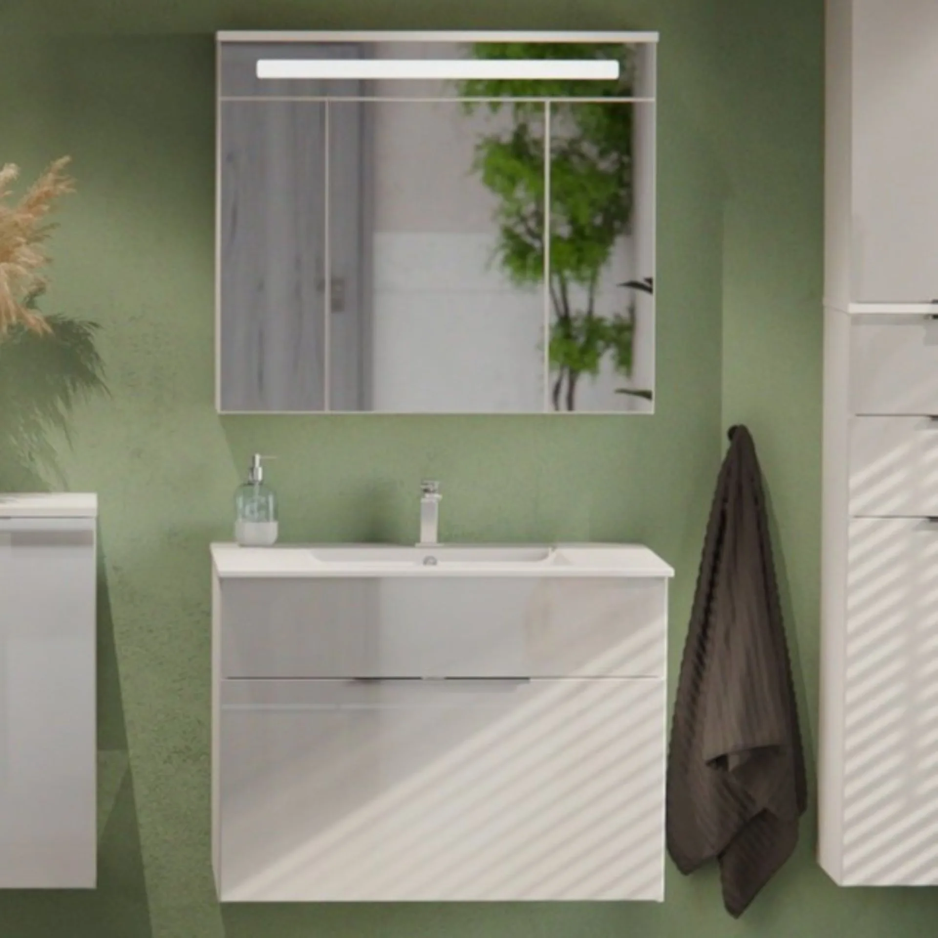 FACKELMANN KARA Waschtisch Set mit Spiegelschrank 80 cm breit, Weiß, Waschbecken Keramik Weiß, 1 Schublade