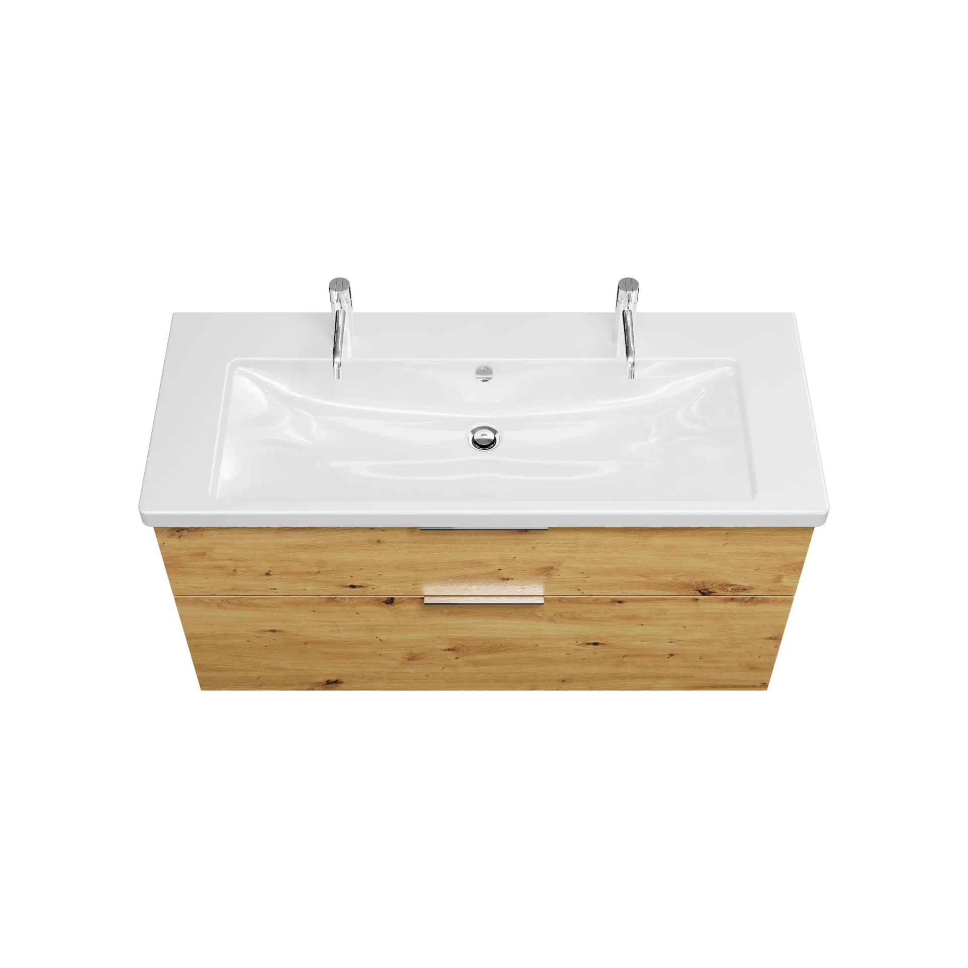 Burgbad EQIO Waschbecken mit Unterschrank 123 cm breit, Braun, Waschbecken Keramik Weiß, 2 Hahnlöcher