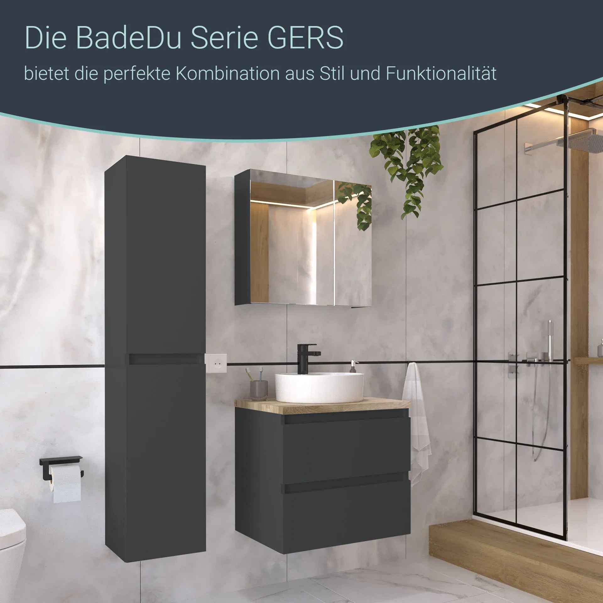BADEDU GERS Waschbecken mit Unterschrank 80 cm breit, Grau, Aufsatzwaschbecken Keramik Weiß, Waschtischplatte Braun hell