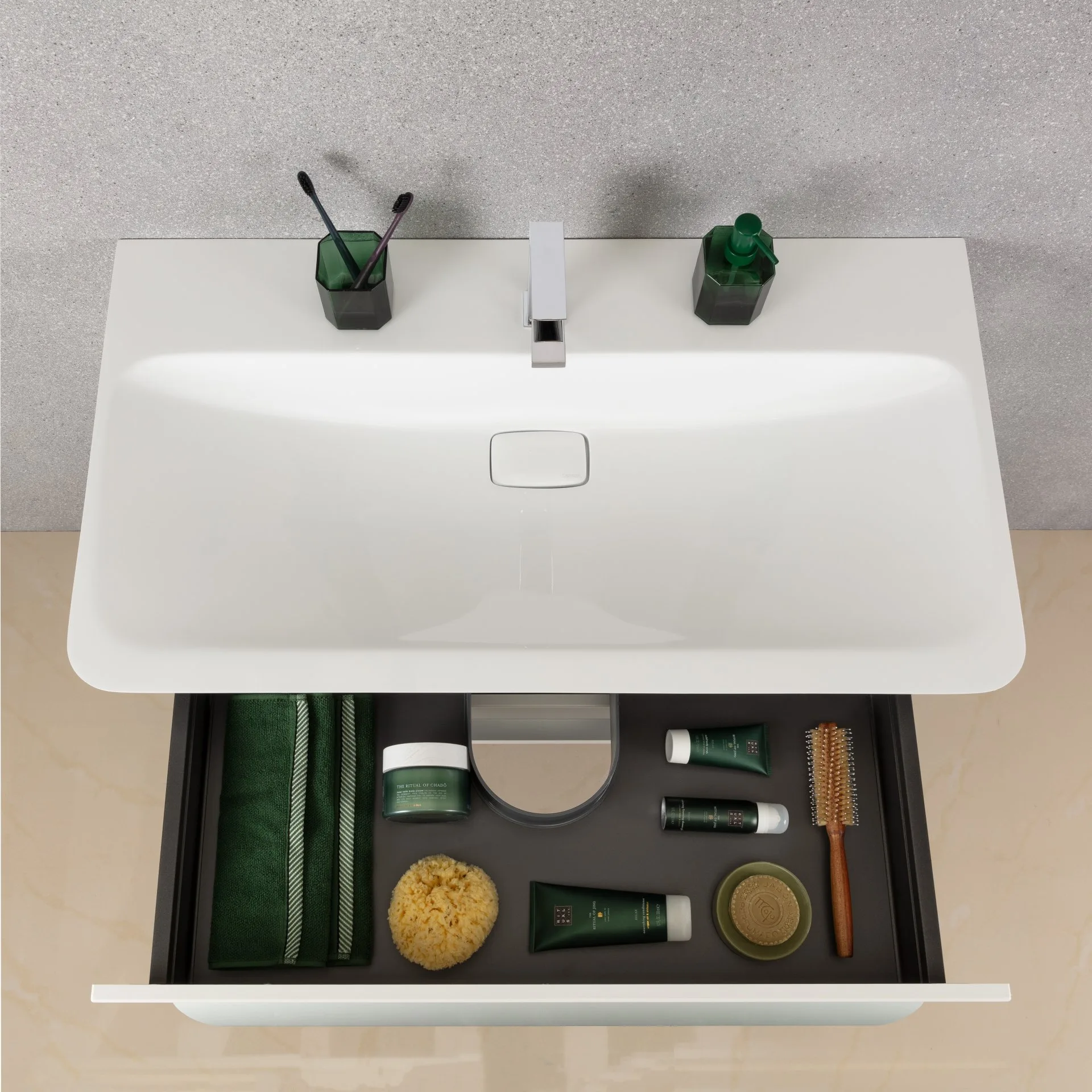 LANZET M9 Waschbecken mit Unterschrank 70 cm breit, Weiß, Waschbecken Gussmarmor Weiß + Waschbeckenbeleuchtung