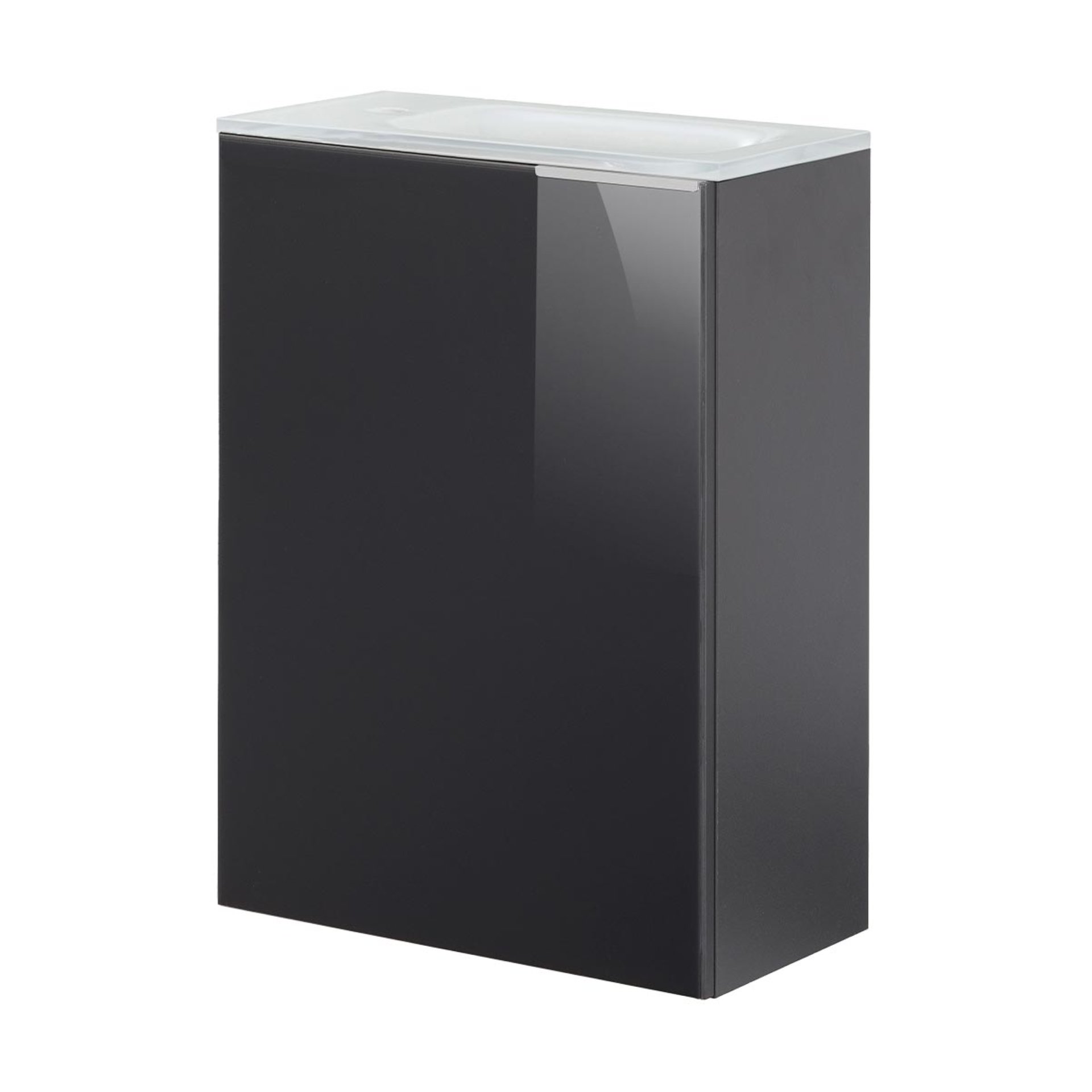 FACKELMANN SBC KARA Gäste WC Waschtisch Set 45 cm breit, Anthrazit, Waschbecken Glas Weiß, Türanschlag links + Waschbeckenbeleuchtung