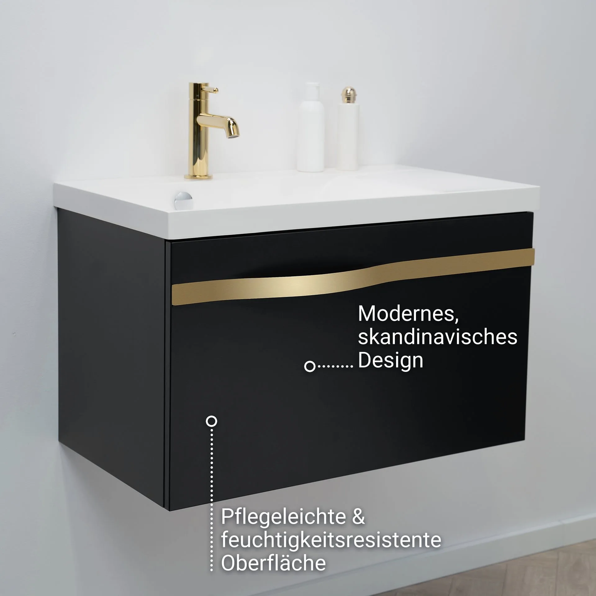 BADEDU FILS Waschbecken mit Unterschrank 69 cm breit, Schwarz, Waschbecken Gussmarmor Weiß, Griff Gold