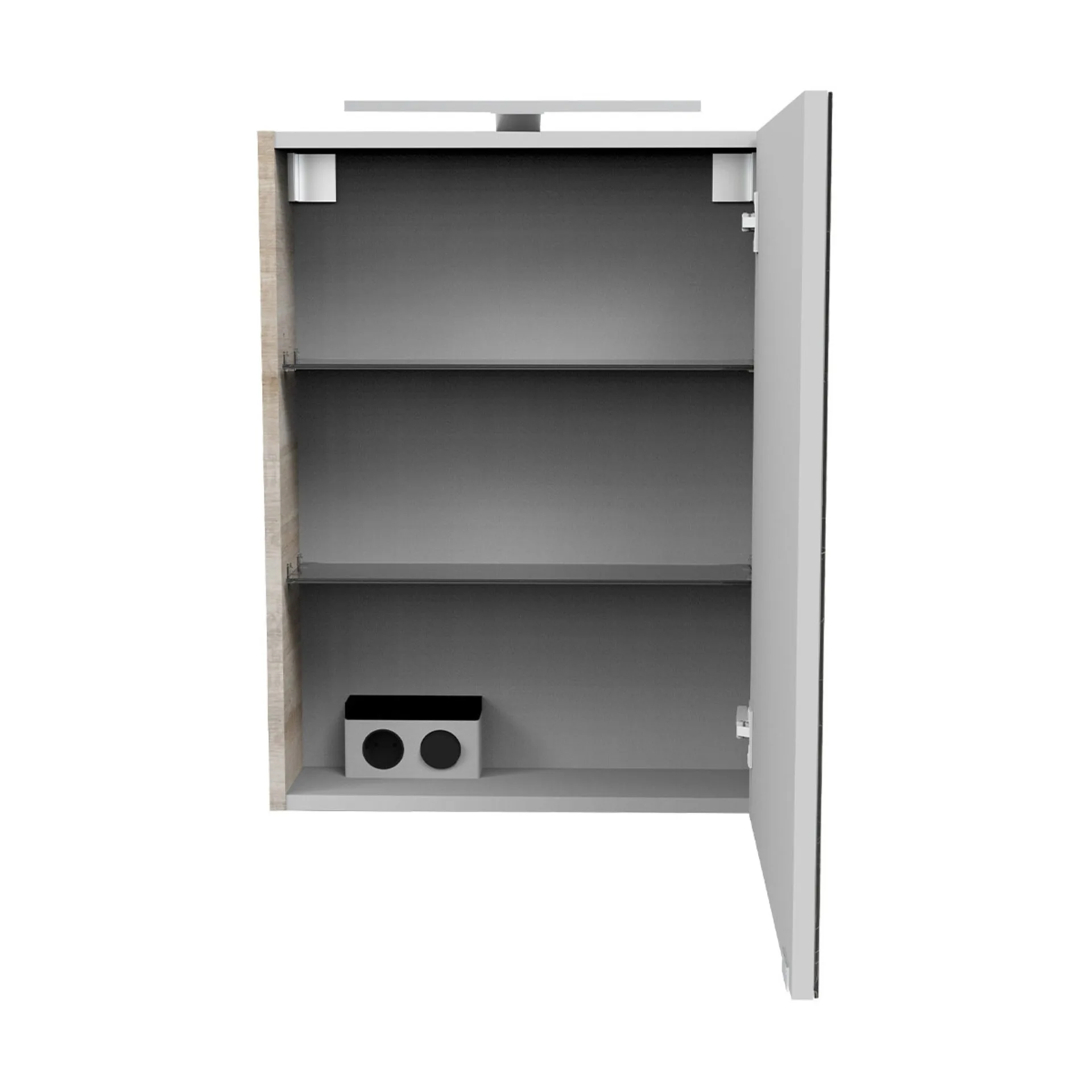 FACKELMANN SBC A-VERO Gäste WC Spiegelschrank 50 cm breit, Braun hell, Türanschlag rechts + Aufsatzleuchte