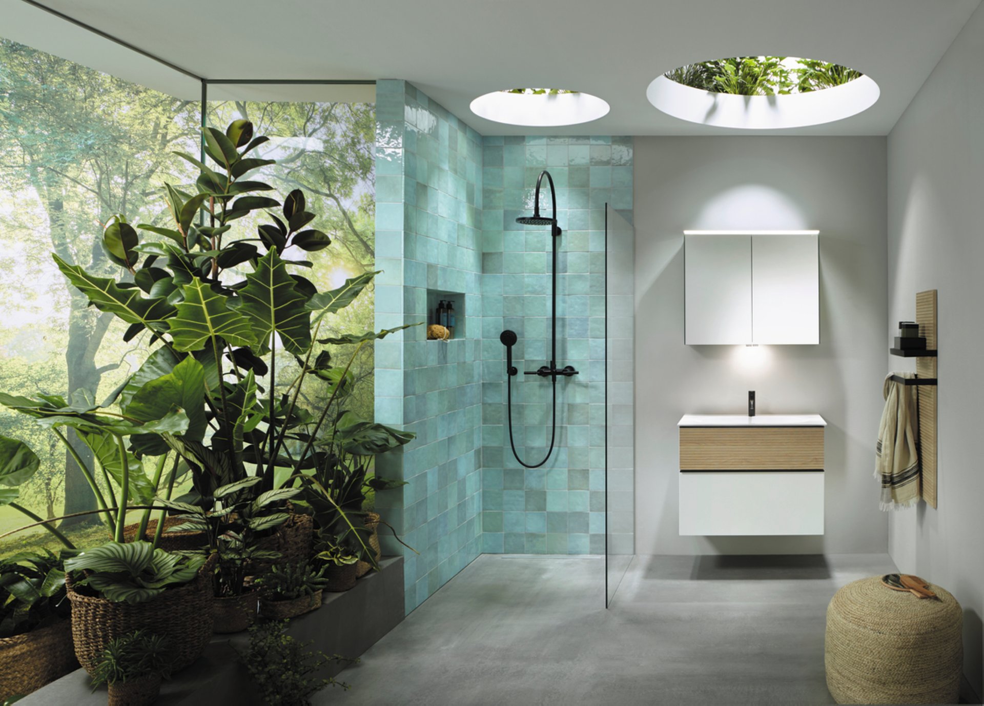 Burgbad FIUMO Waschtisch Set mit Spiegelschrank 82 cm breit, Braun/Weiß, Waschbecken Gussmarmor Weiß