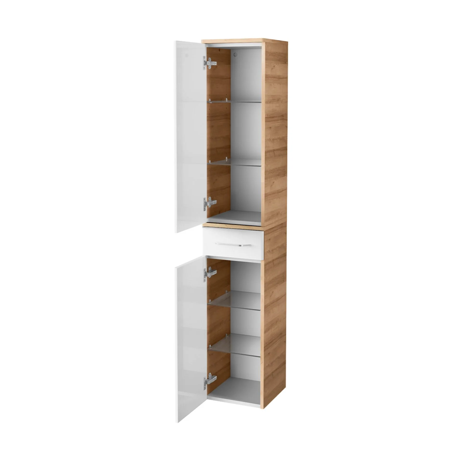 FACKELMANN MILANO Badmöbel Set 6-teilig 88 cm breit, Weiß/Braun hell, Waschbecken Keramik Weiß + LED Spiegel + Unterschrank + Hängeschrank + Hochschrank