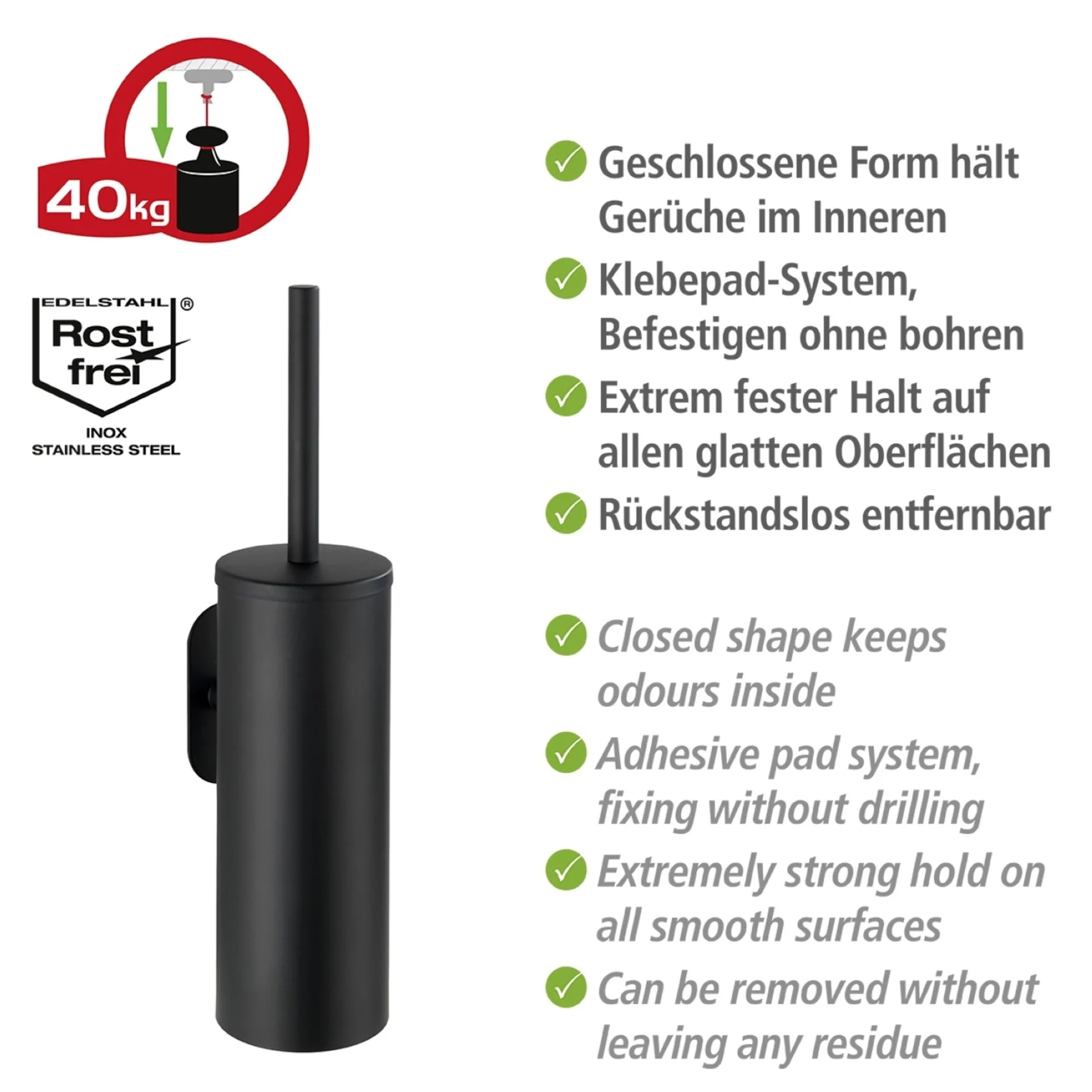 WENKO OREA WC-Garnitur, Schwarz matt, Edelstahl rostfrei, Befestigen ohne Bohren