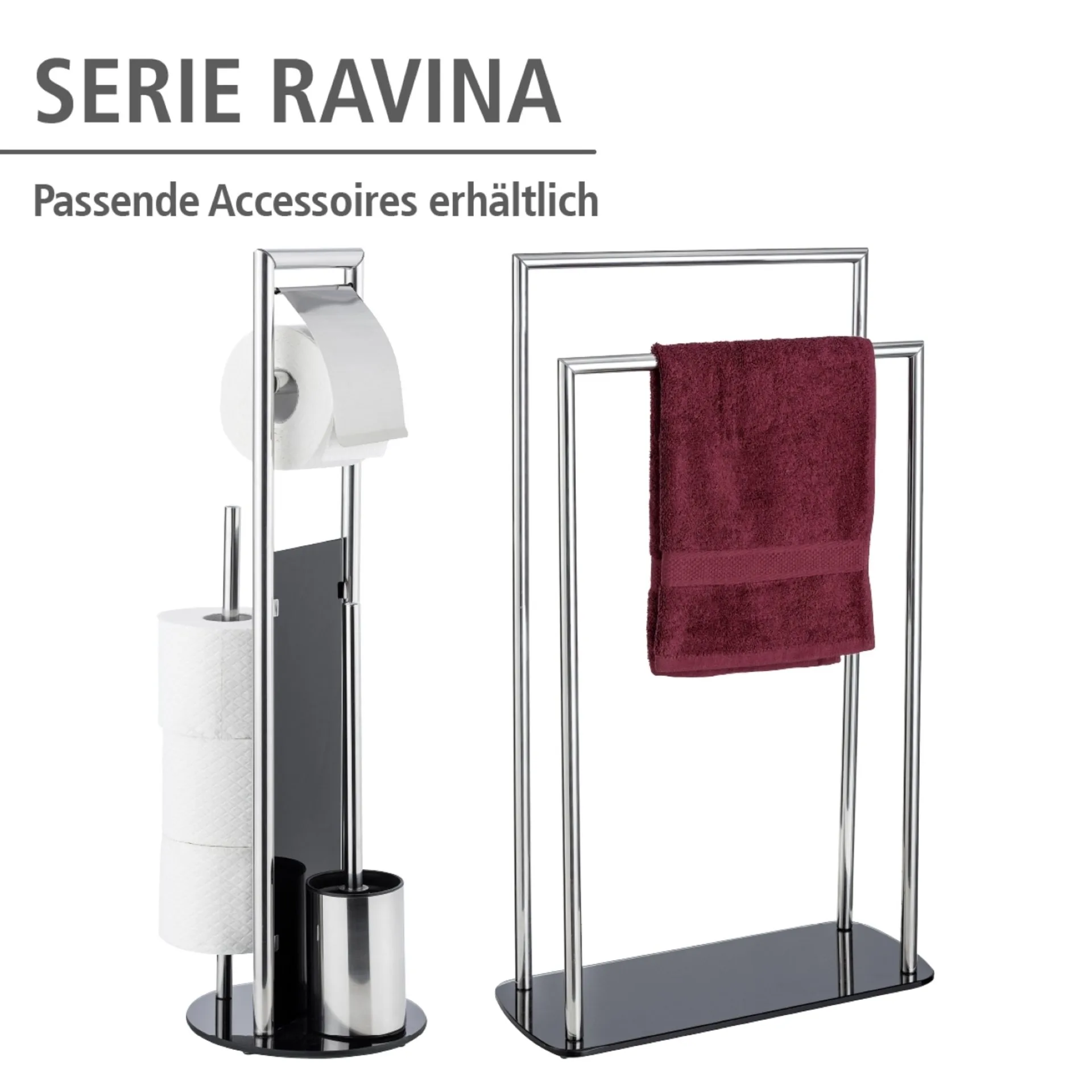 WENKO RAVINA WC-Garnitur, Schwarz/Silber, mit Toilettenpapierhalter und Bevorrater, inklusive Ersatzbürste, stehend