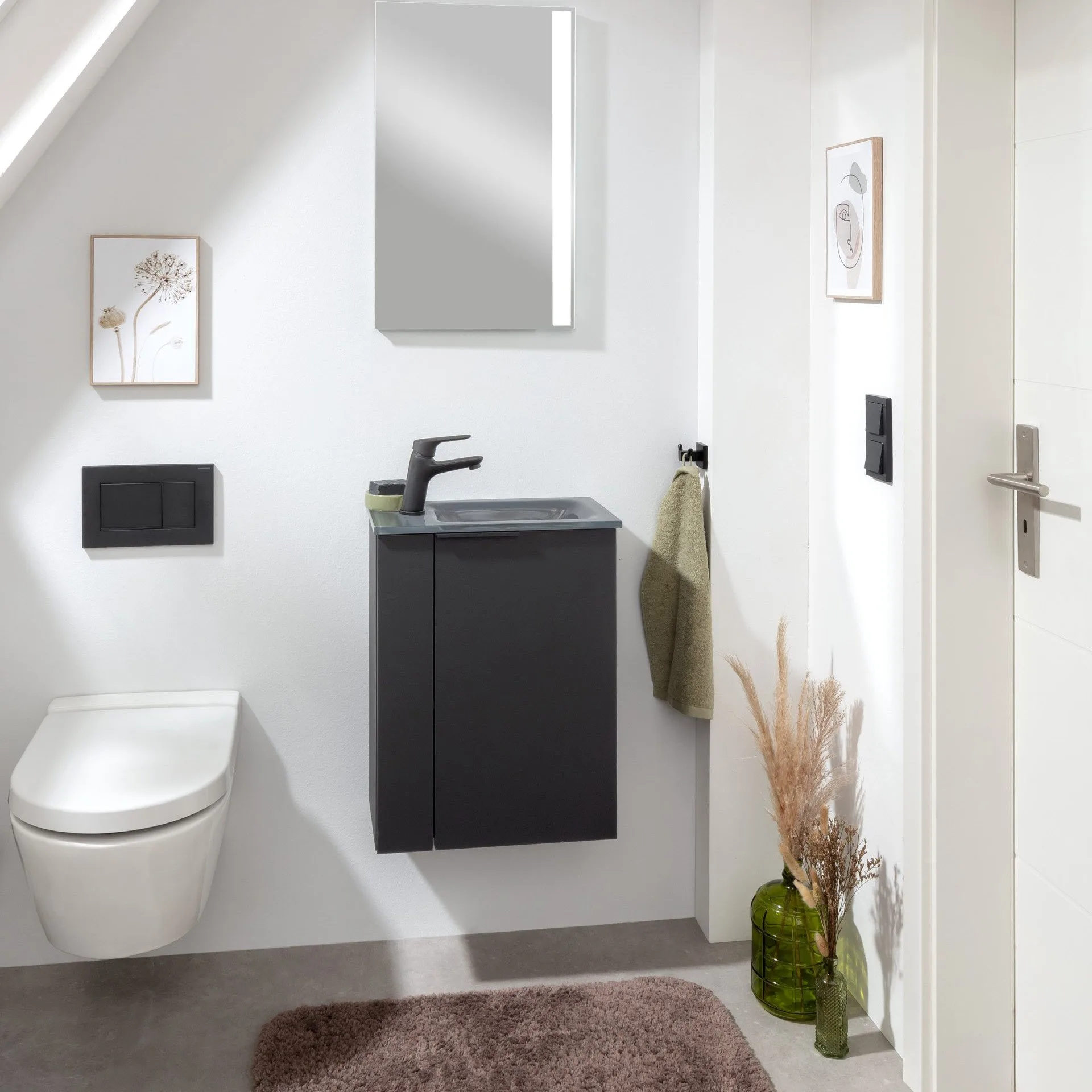 FACKELMANN SBC B.PARIS Gäste WC Waschtisch Set 45 cm breit, Schwarz matt, Waschbecken Glas Anthrazit, Türanschlag rechts