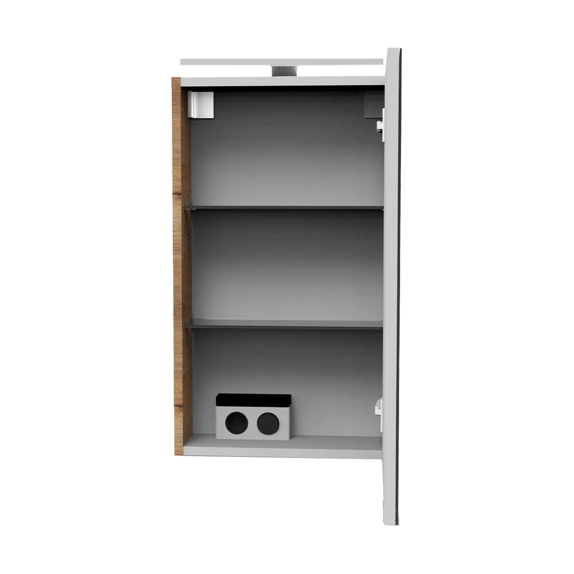 FACKELMANN SBC MILANO Gäste WC Spiegelschrank 40 cm breit, Braun hell, Türanschlag rechts + Aufsatzleuchte
