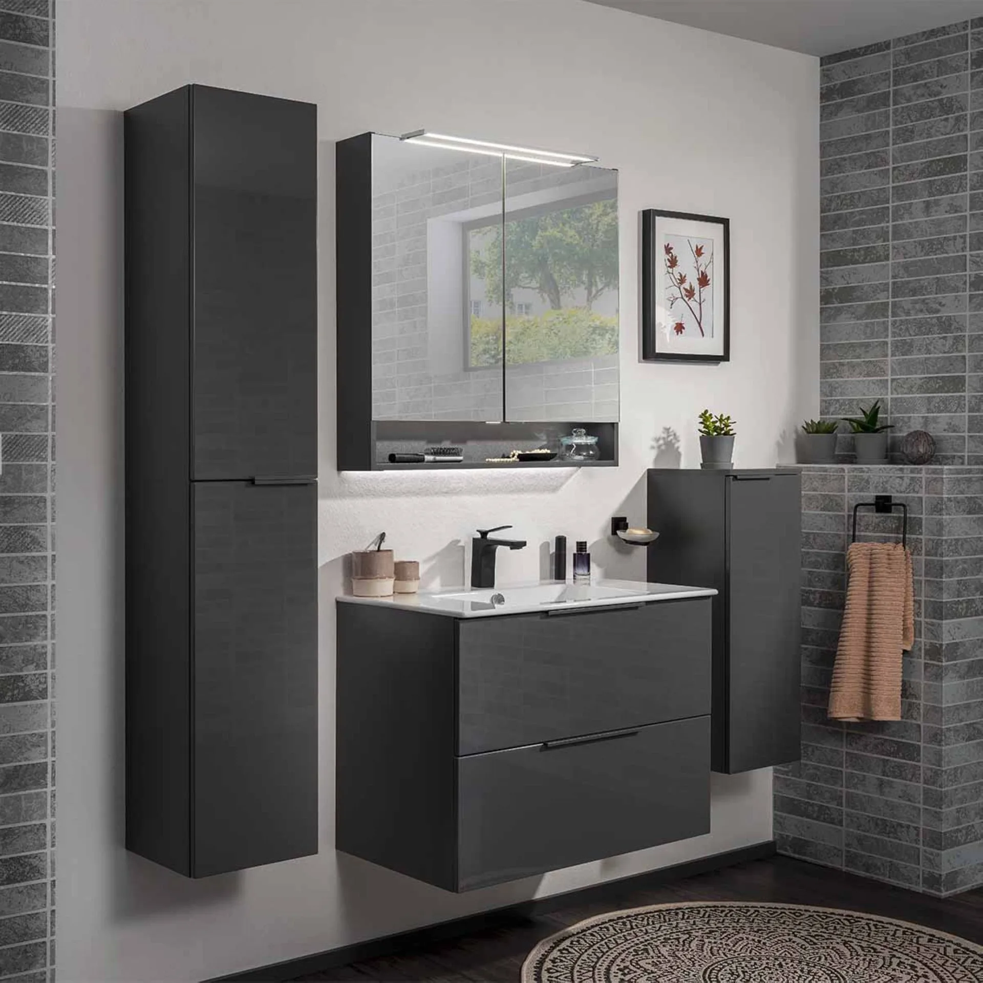 FACKELMANN LUNA Waschtisch Set mit Spiegelschrank 80 cm breit, Anthrazit, Waschbecken Glas Weiß + Ambientebeleuchtung