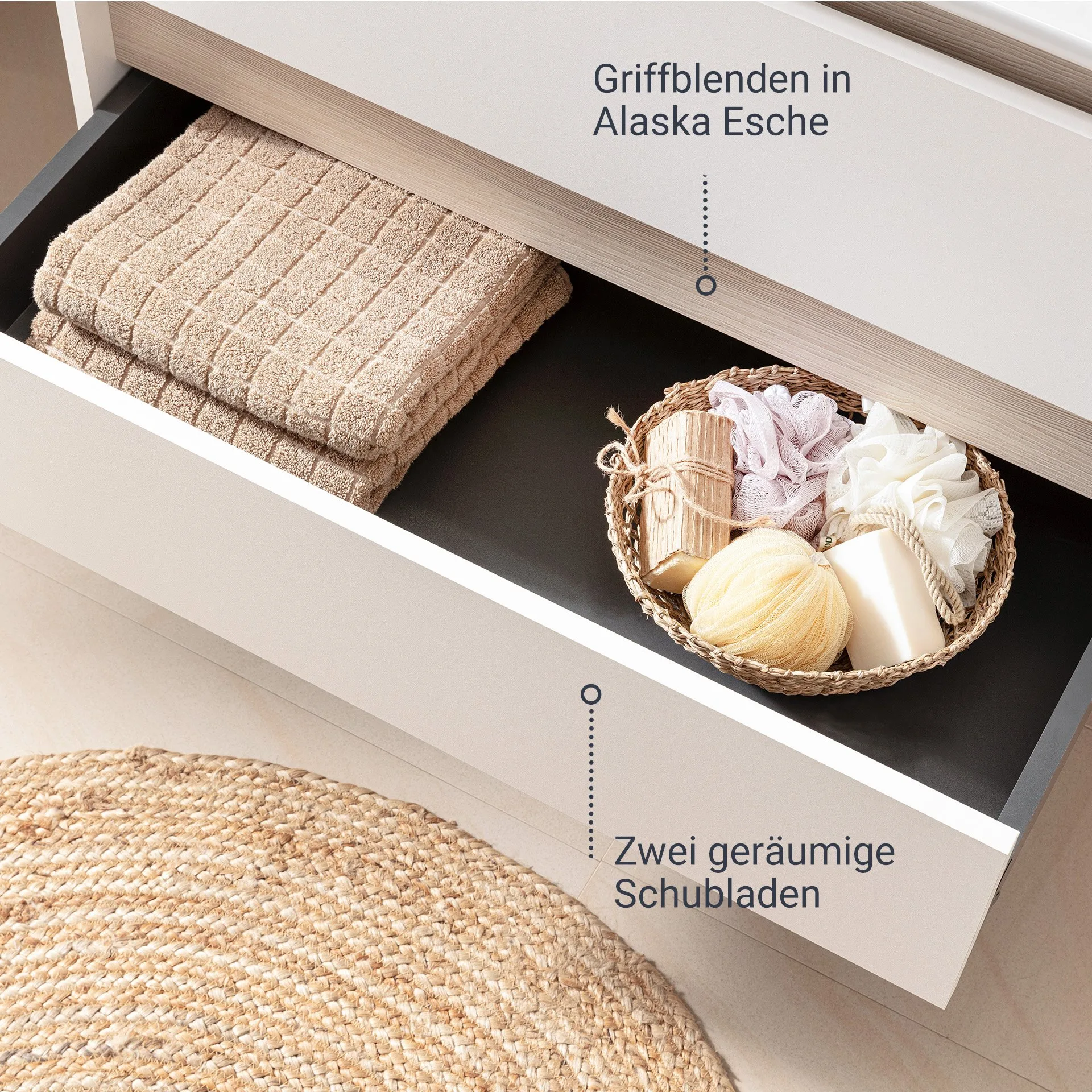 BADEDU OKA Waschtisch Set mit Spiegelschrank 81 cm breit, Weiß/Braun, Waschbecken Keramik Weiß + LED Aufsatzleuchte