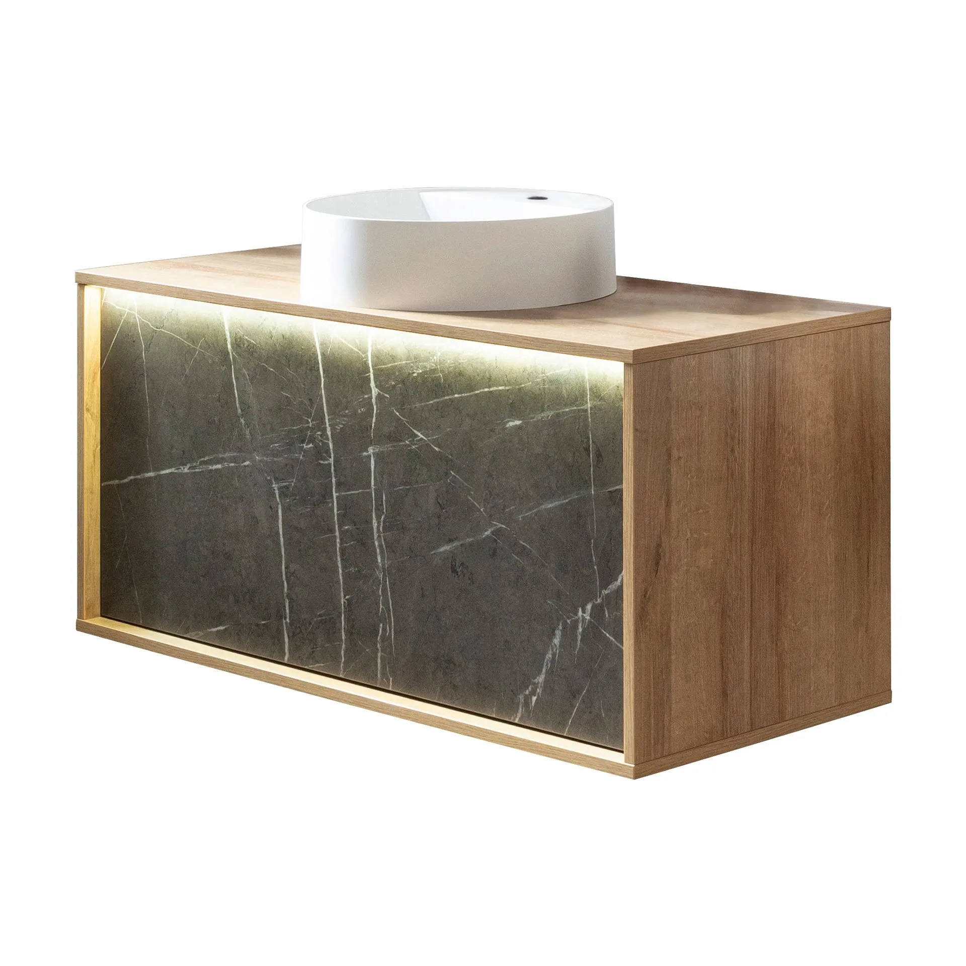 LANZET DUNE Waschbecken mit Unterschrank 100,3 cm breit, Braun hell/Marmor Grau, Aufsatzwaschbecken Gussmarmor Weiß, inkl. LED Beleuchtung