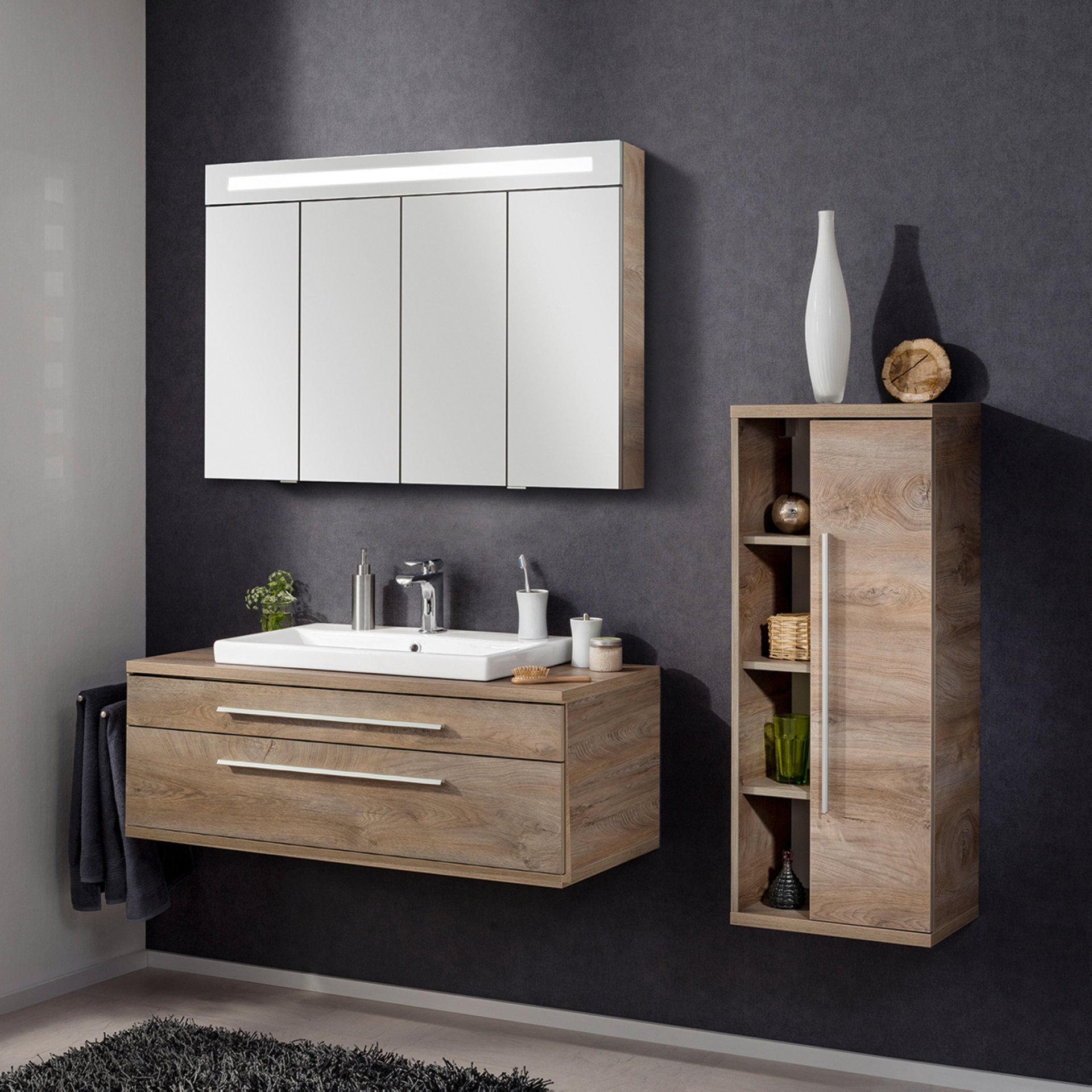 Fackelmann STANFORD Badmöbel Set 4-teilig, 110 cm breit, Braun, Keramik+Spiegelschrank+Midischrank r.