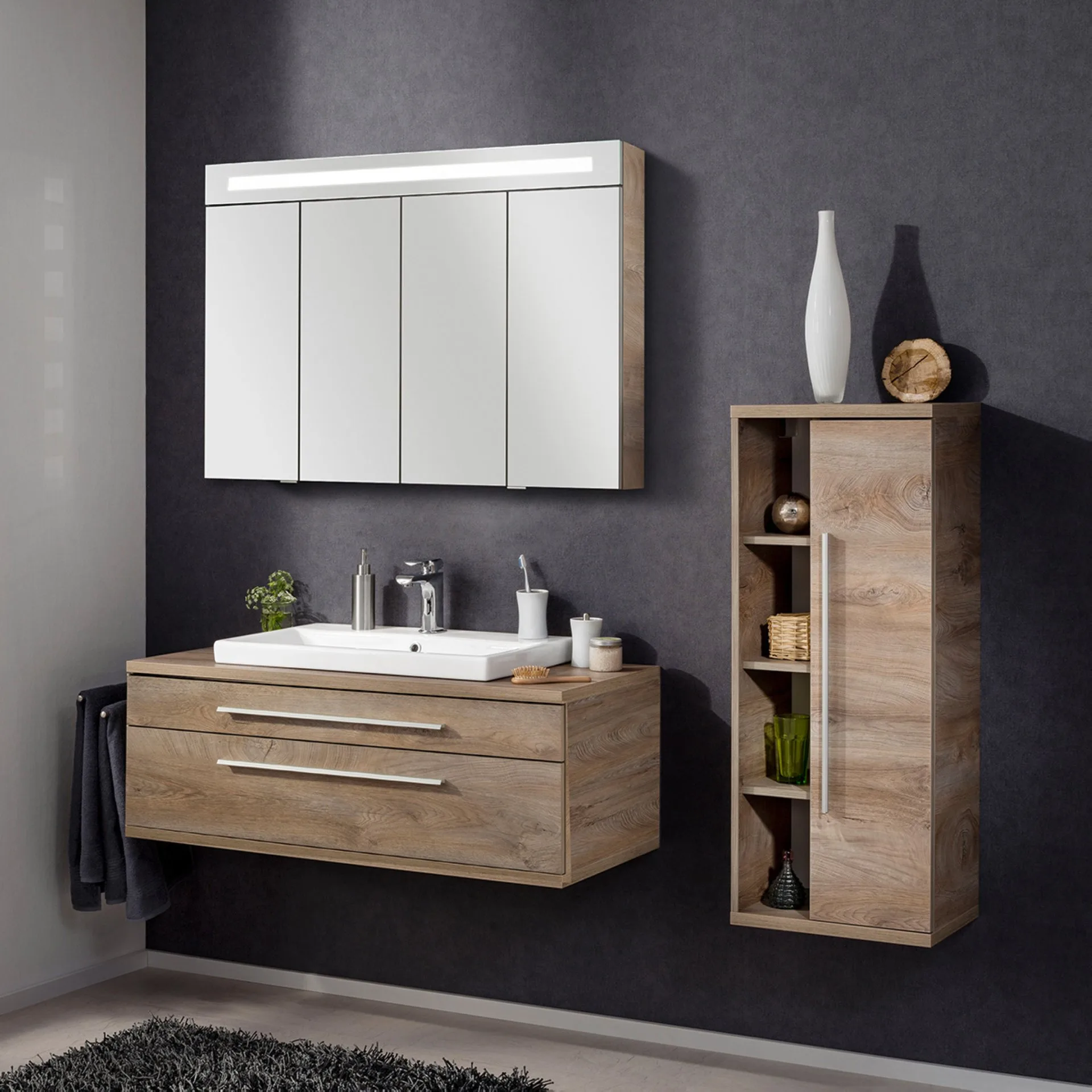 Fackelmann STANFORD Badmöbel Set 4-teilig, 110 cm breit, Braun, Keramik+Spiegelschrank+Midischrank r.