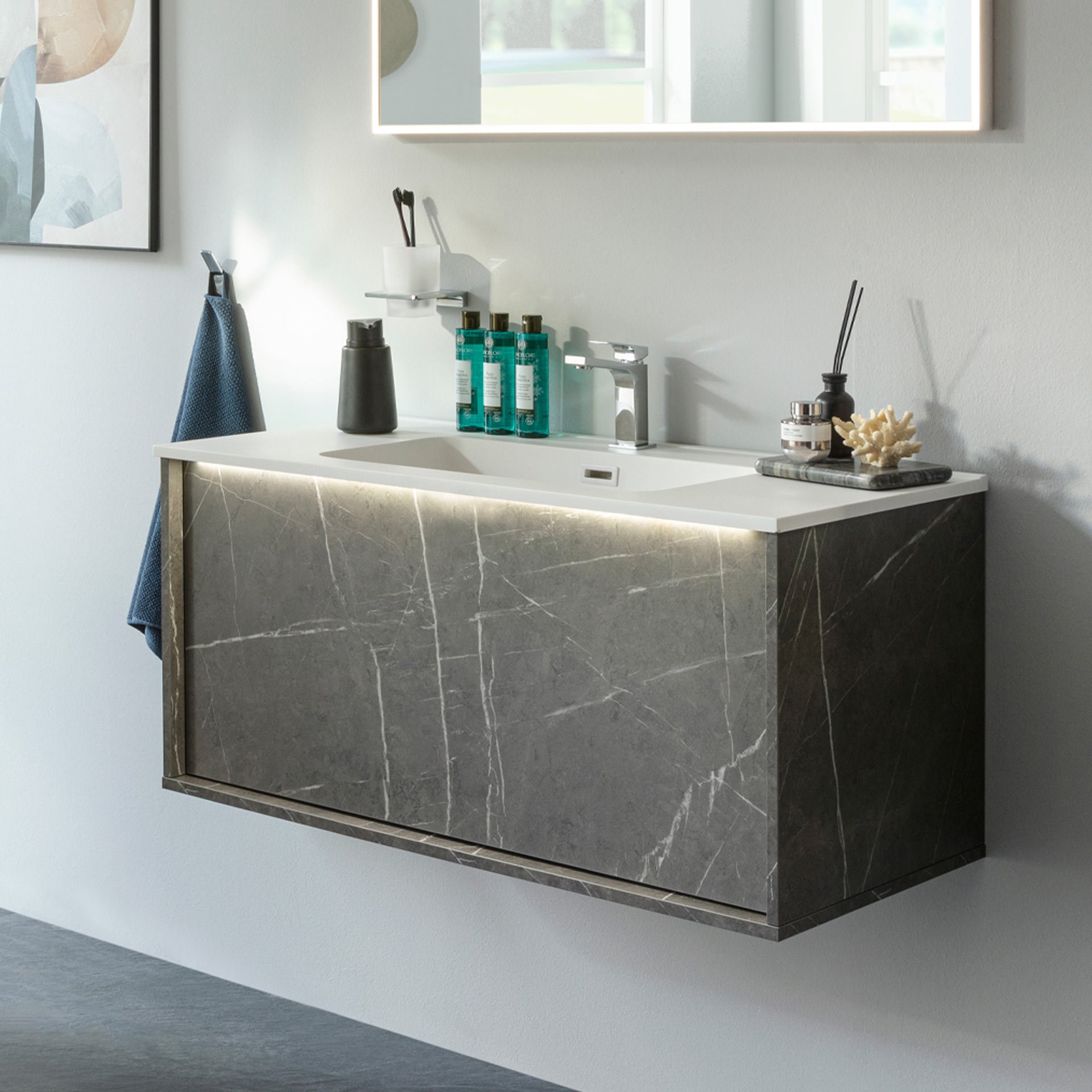 LANZET DUNE Waschbecken Gussmarmor 101 cm breit, Weiß matt