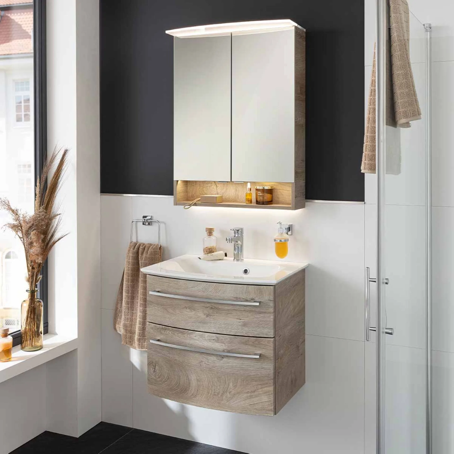 FACKELMANN B.STYLE Waschbecken mit Unterschrank 63 cm breit, Braun hell, Waschbecken Gussmarmor Weiß