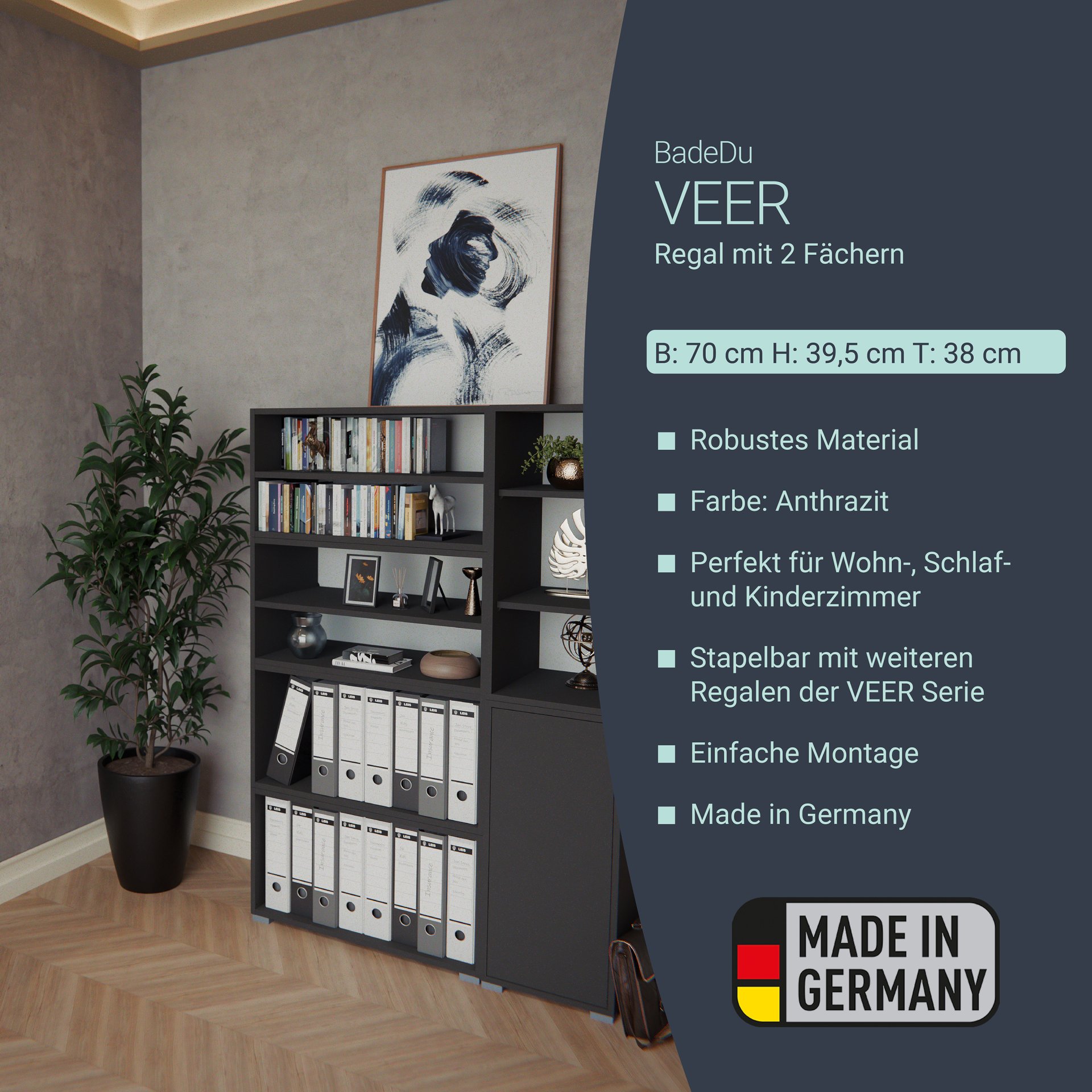 BADEDU VEER Regal 70 cm breit, Anthrazit, 2 Fächer