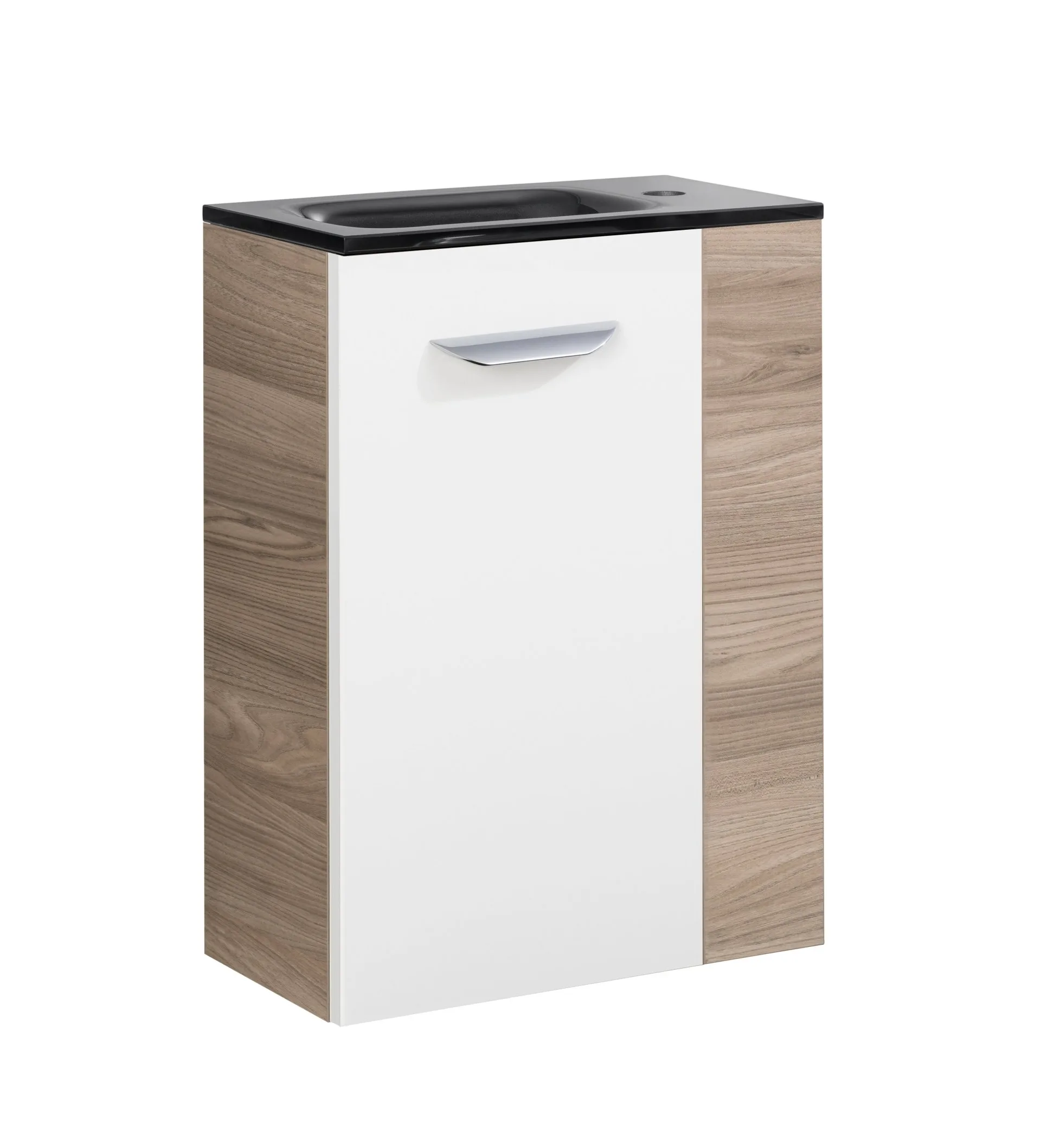 FACKELMANN SBC LUXOR Gäste WC Waschtisch Set 45 cm breit, Weiß/Braun hell, Waschbecken Glas Anthrazit, Türanschlag links