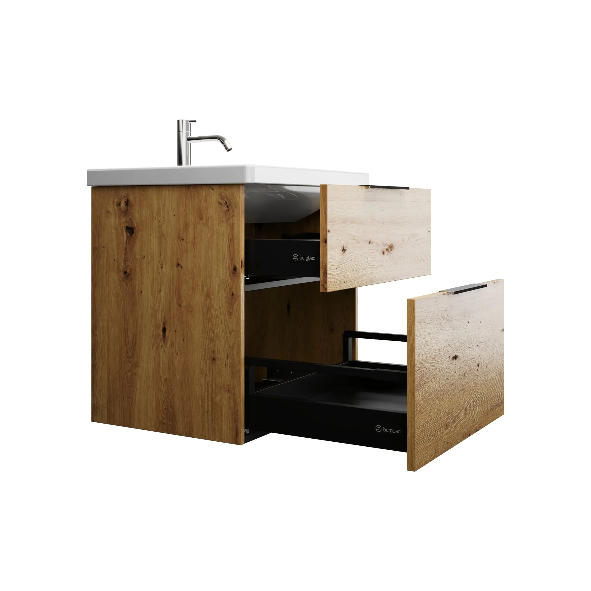 Burgbad EQIO Waschbecken mit Unterschrank 63 cm breit, Braun, Waschbecken Keramik Weiß