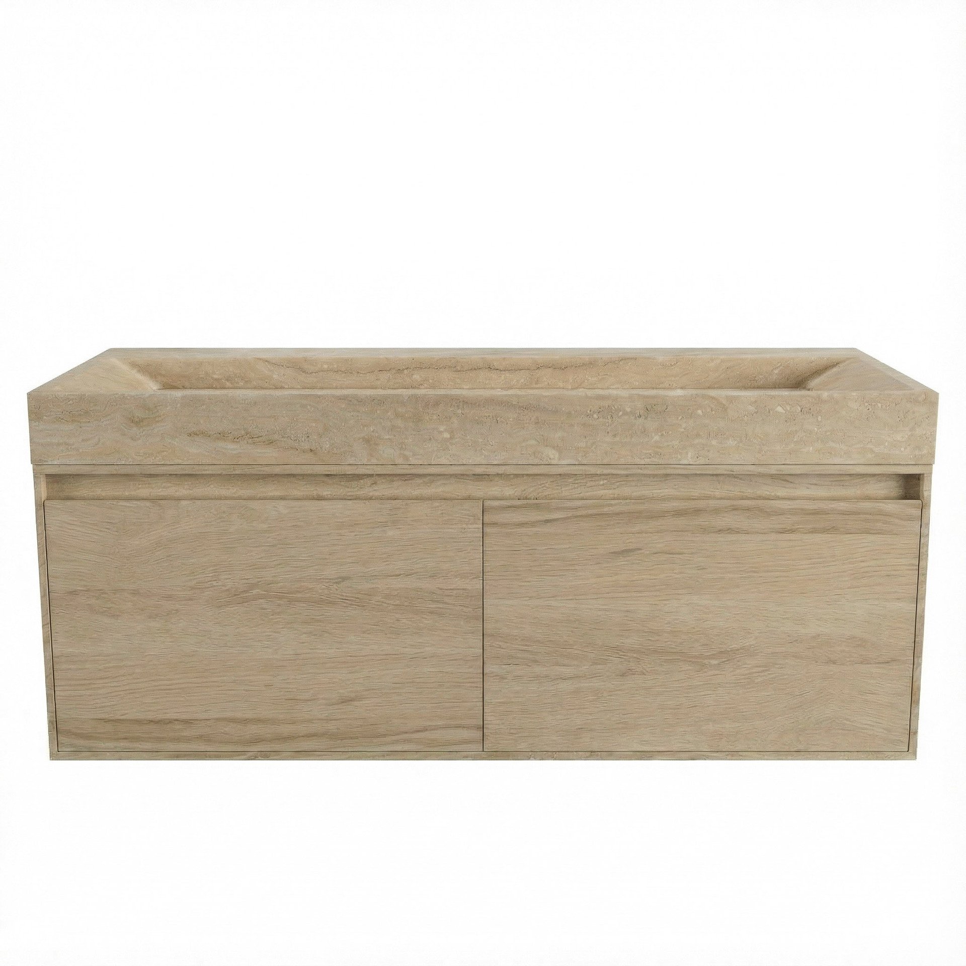 FORZALAQUA IBIZA BELLEZZA Waschbecken mit Unterschrank 120 cm breit, Braun hell, Natursteinwaschbecken Travertin matt ohne Hahnloch, 2 Schubladen