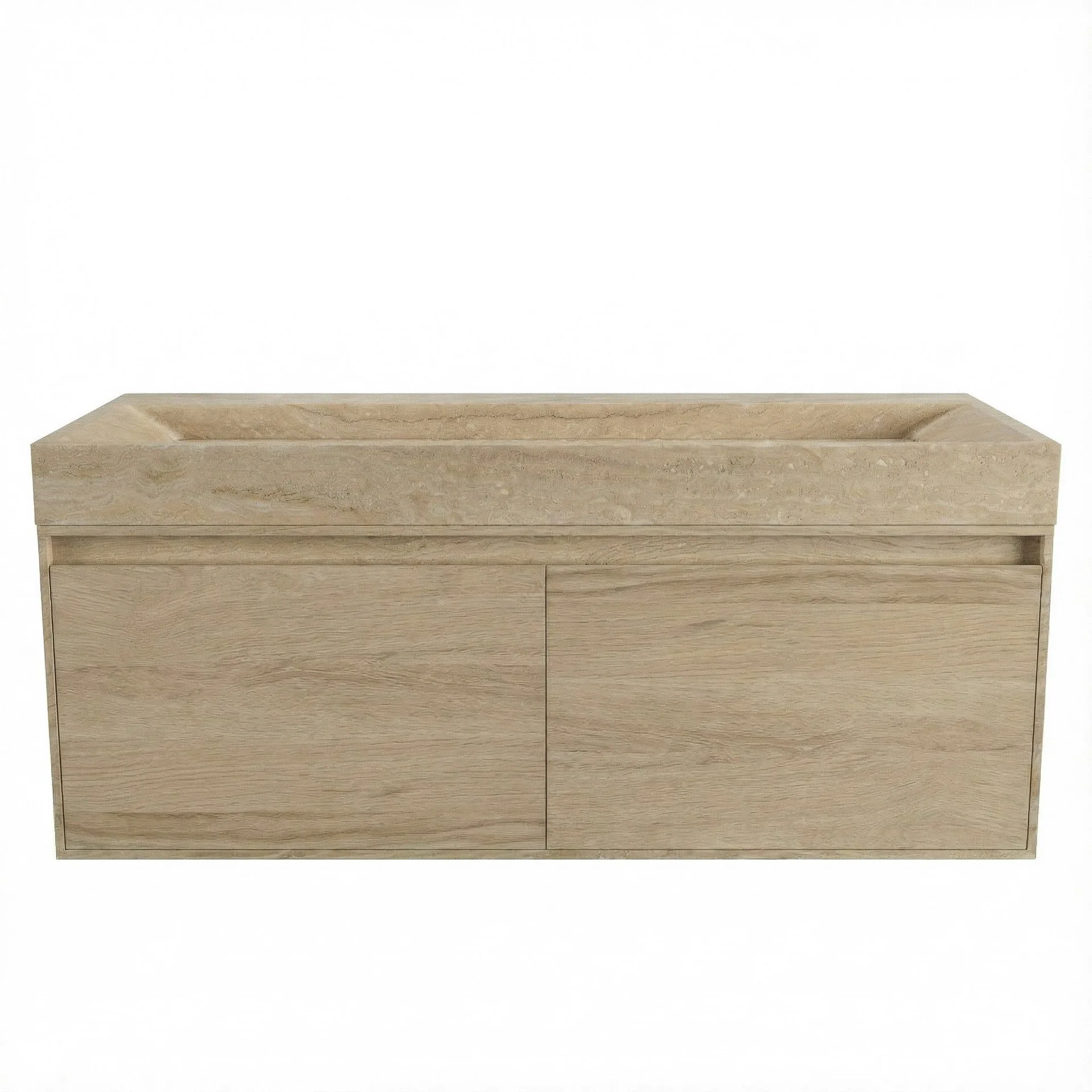 FORZALAQUA IBIZA BELLEZZA Waschbecken mit Unterschrank 120 cm breit, Braun hell, Natursteinwaschbecken Travertin matt ohne Hahnloch, 2 Schubladen